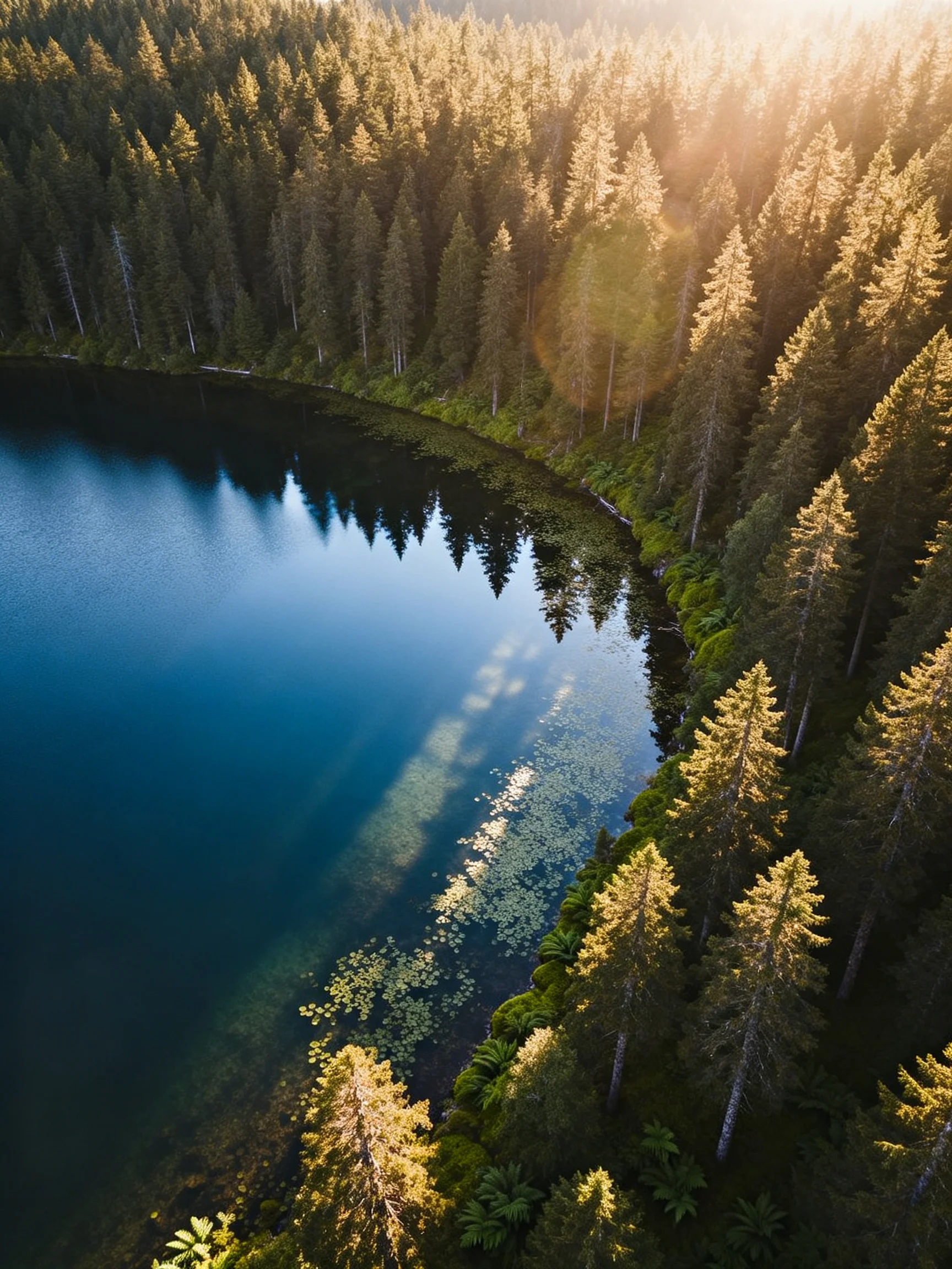 A large, deep lake bordered by dense evergreen forests with golden sunlight