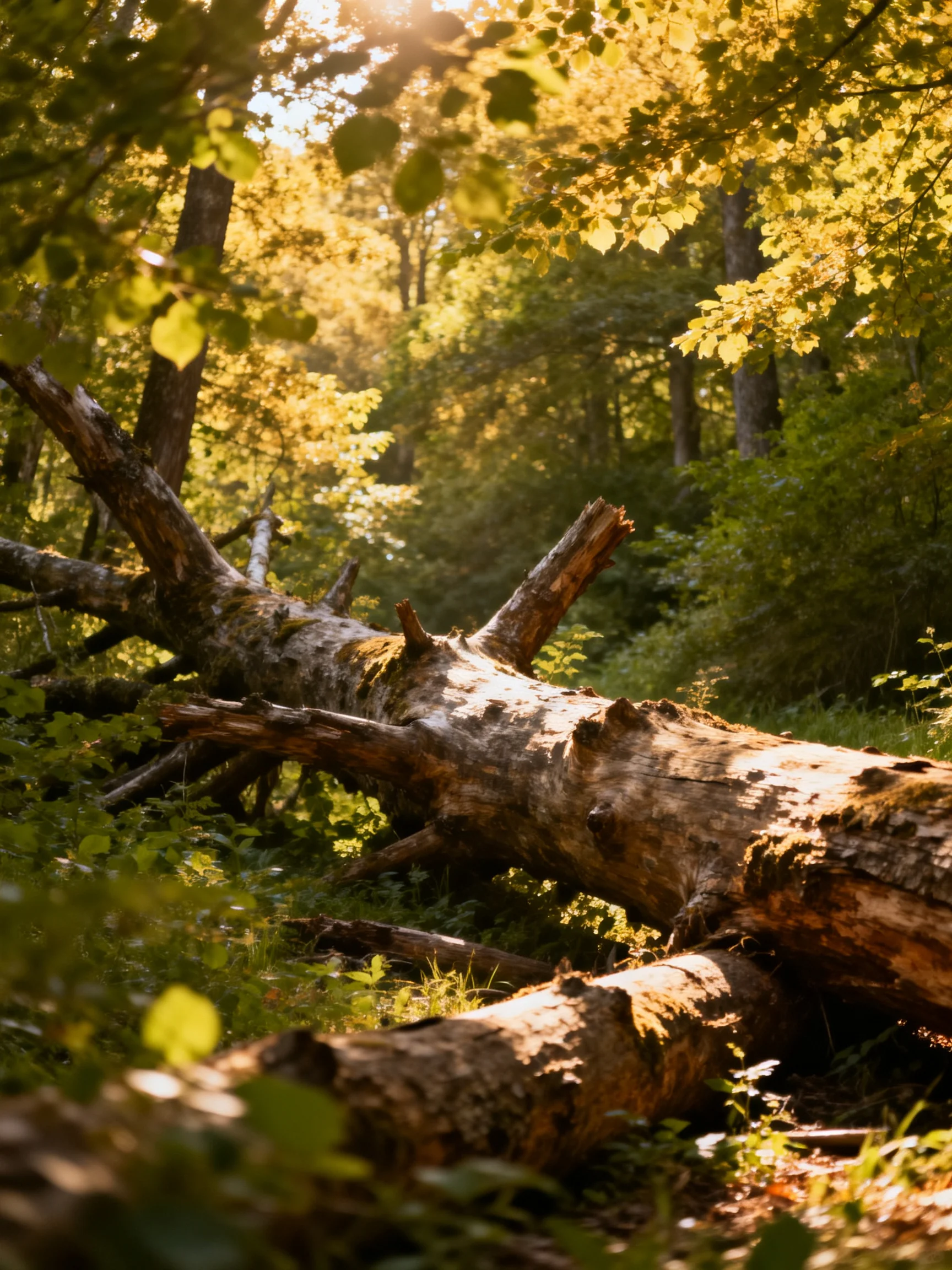 A large fallen tree in sun sun-d forest with dense green foliage