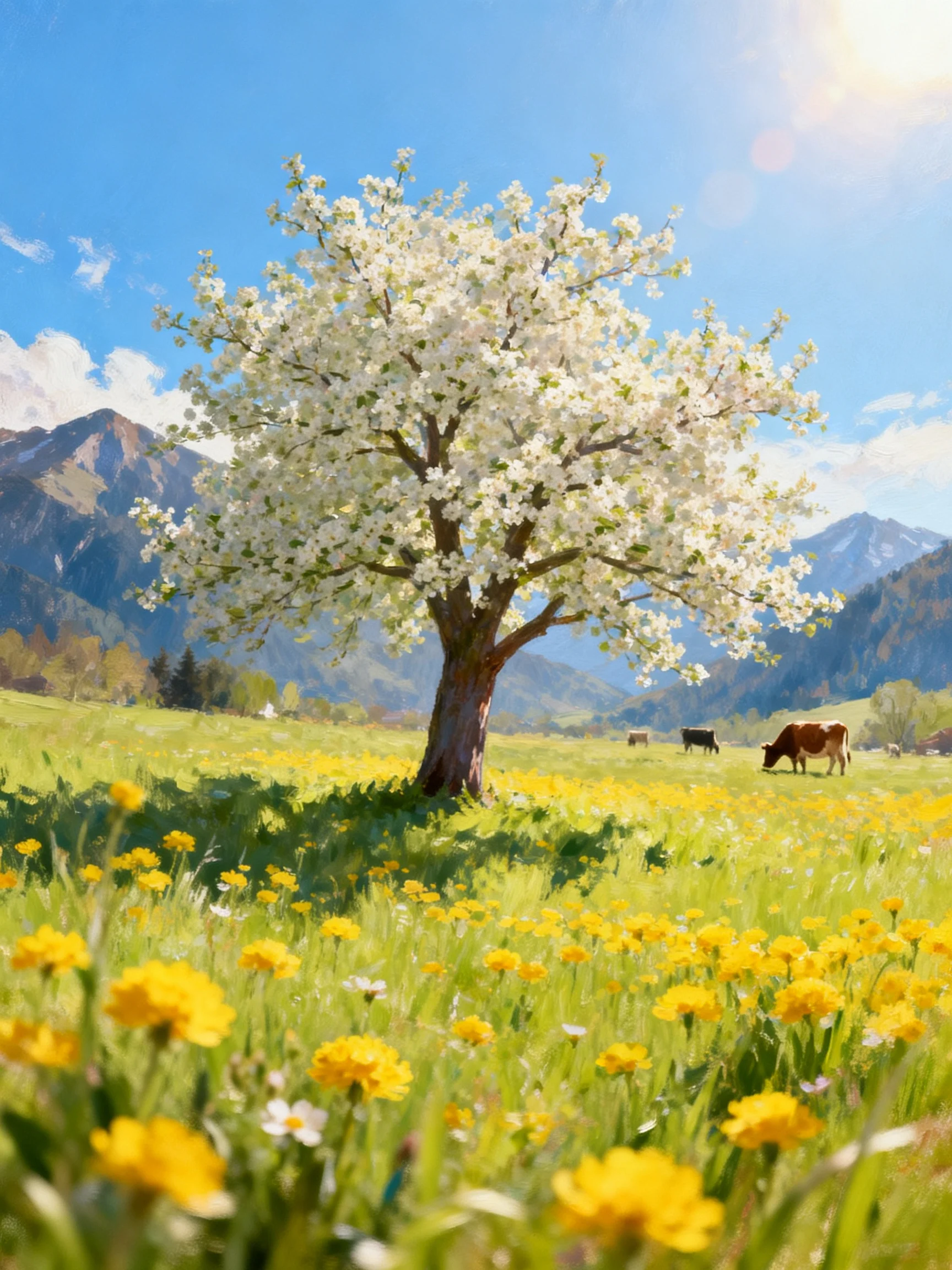 A large flowering tree with white blossoms in a meadow of yellow flowers
