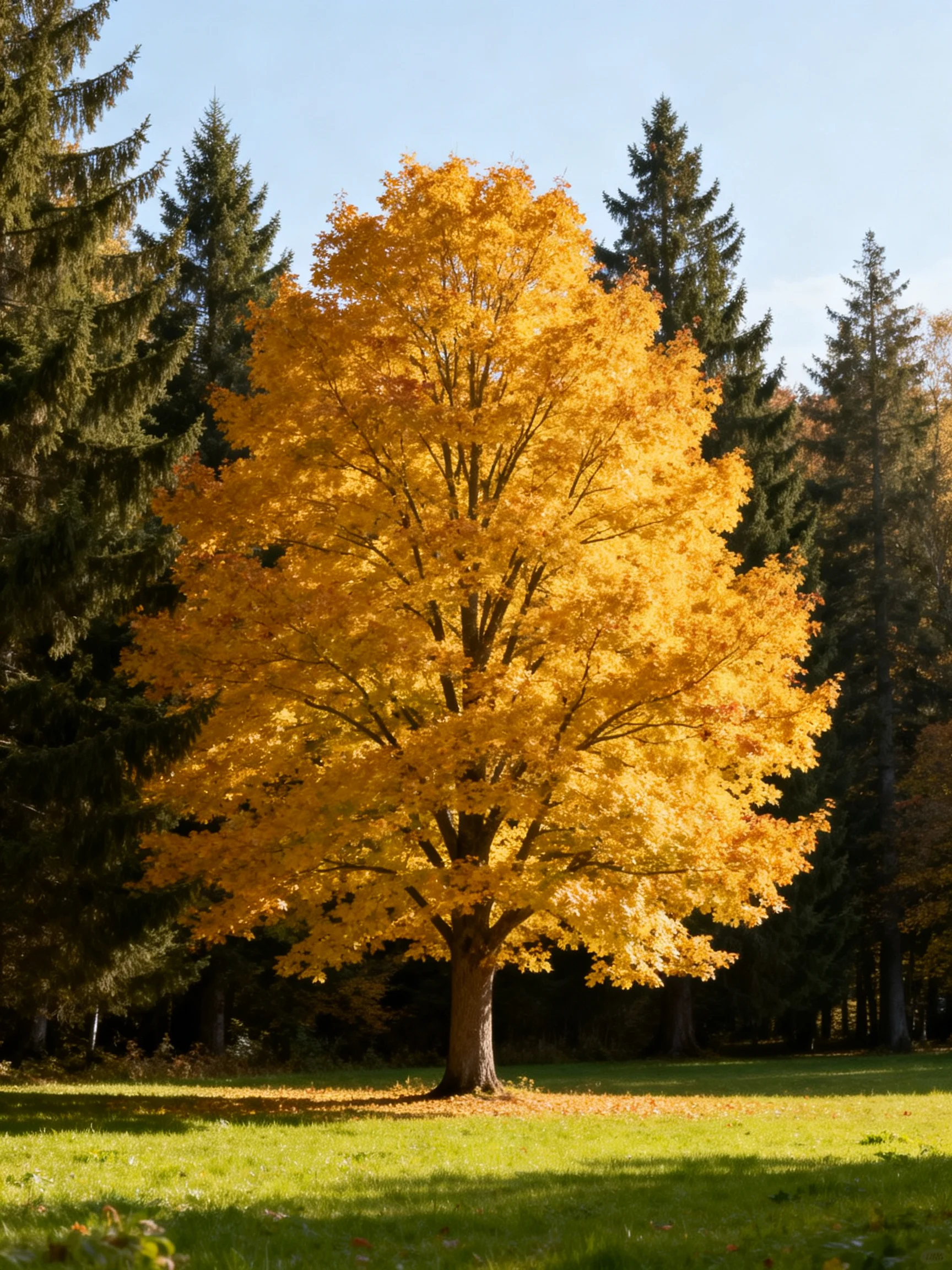 A large golden maple tree stands alone among dark evergreen trees