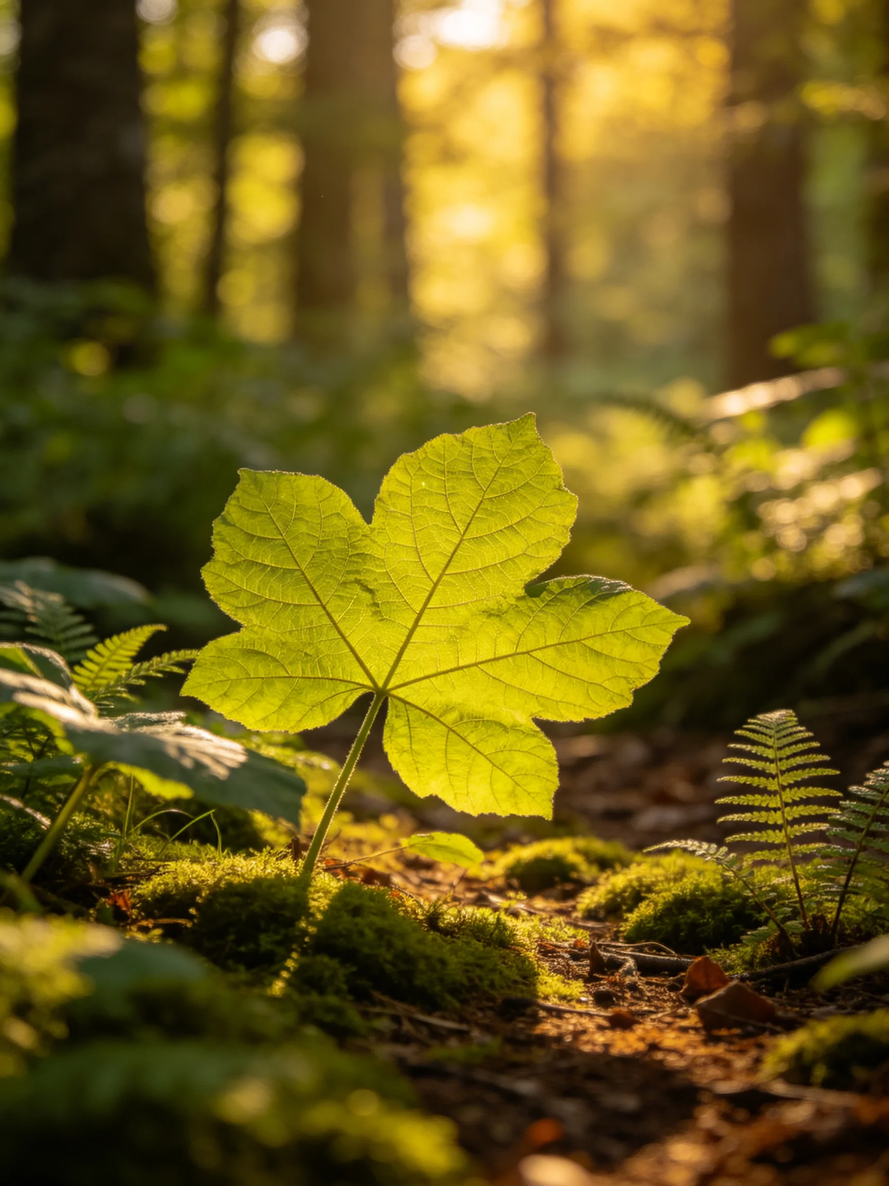 A large green maple leaf in a sunlit forest glade