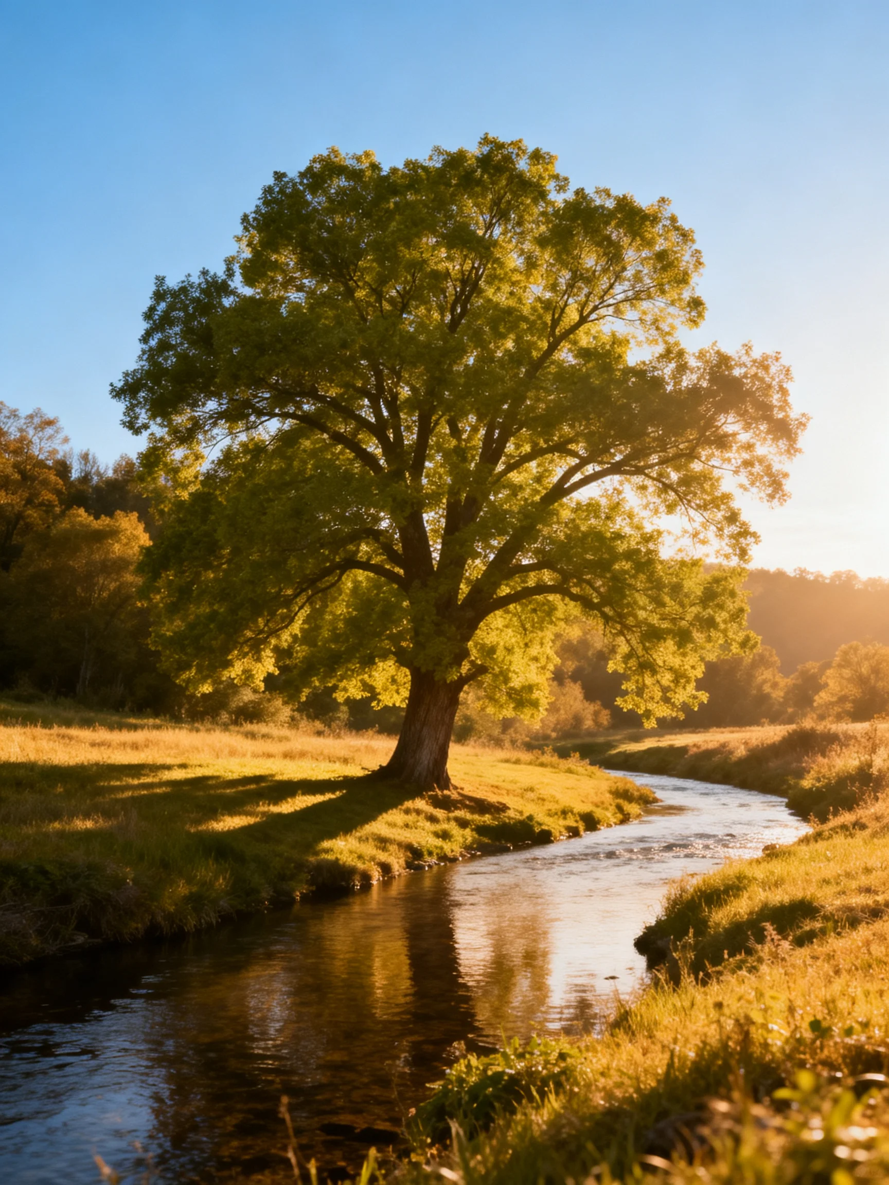 A large green oak tree beside a winding stream under golden sunlight