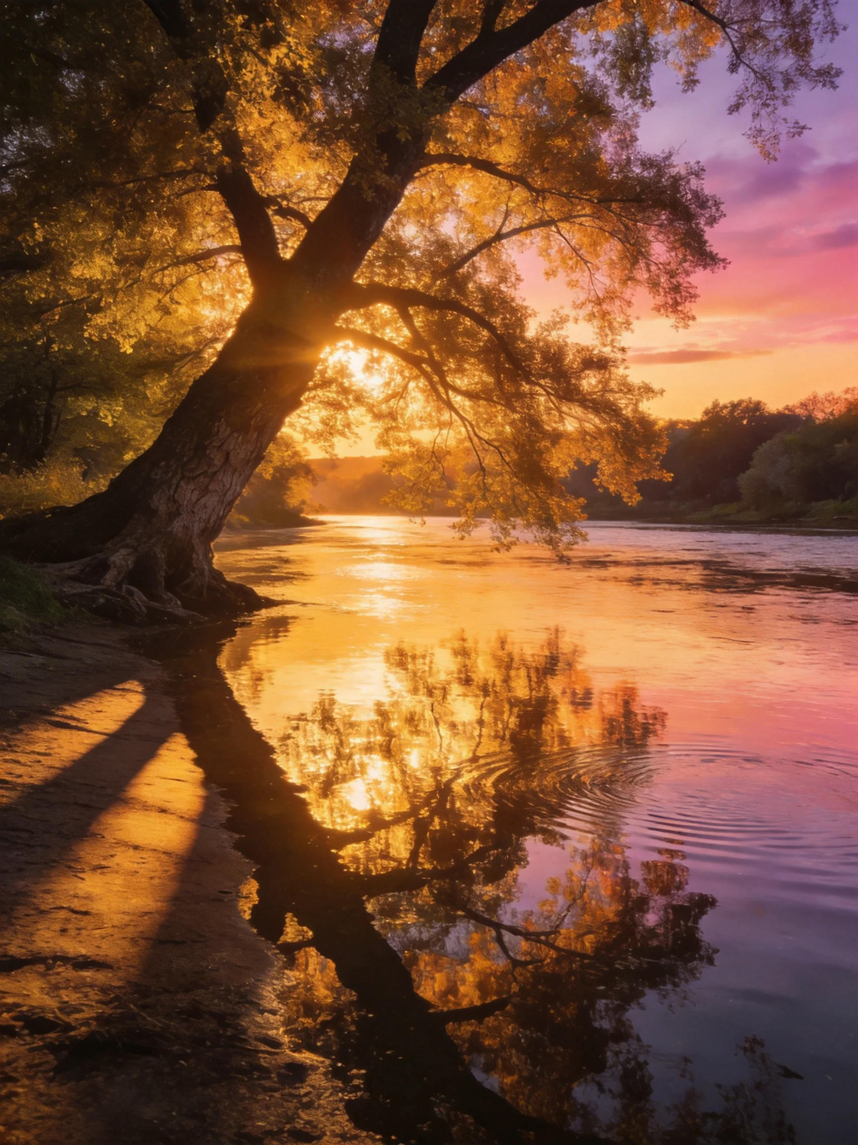 A large leaning tree by a river reflects golden sunset