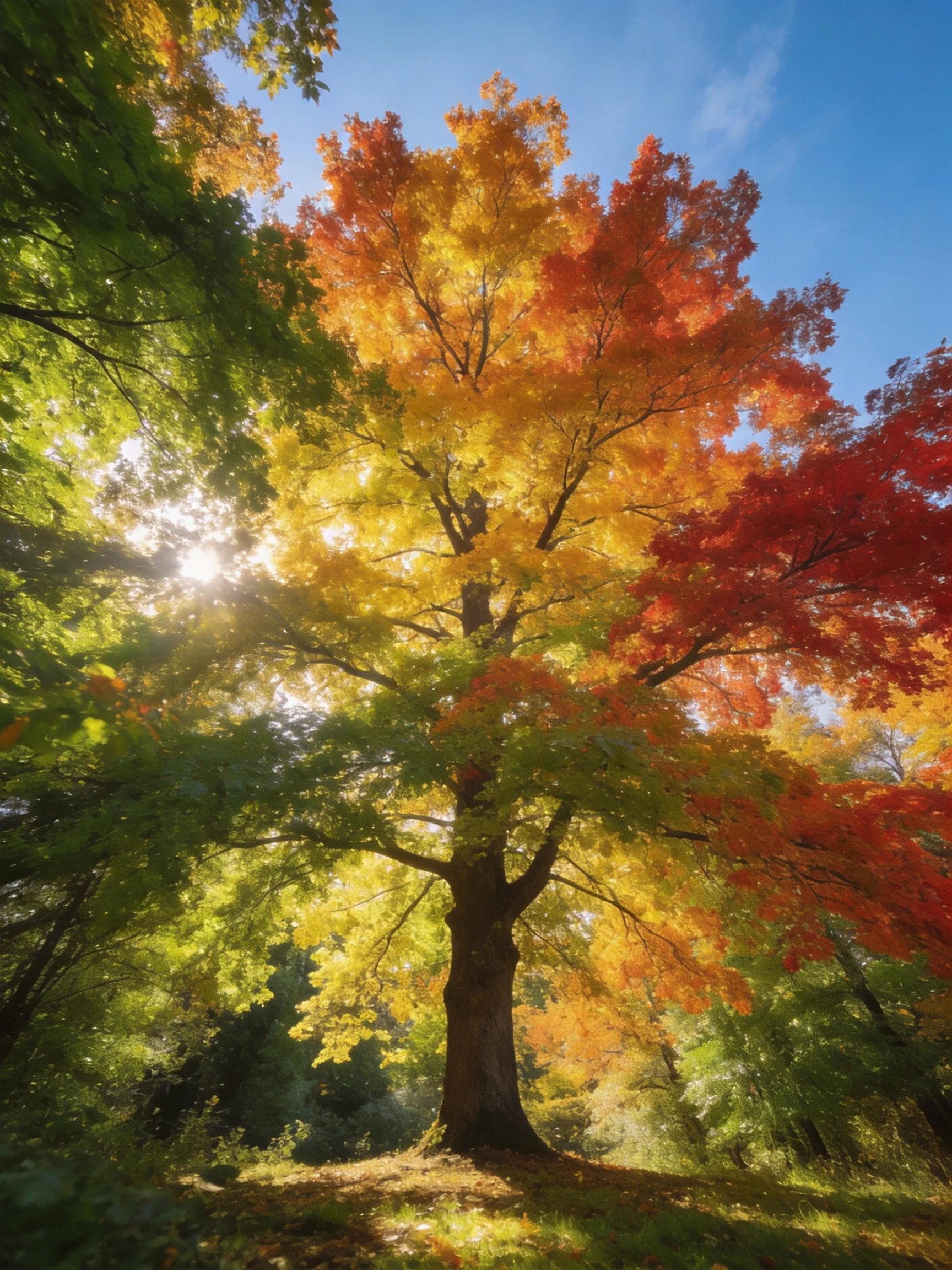 A large maple tree displays vibrant autumn foliage under bright sunlight