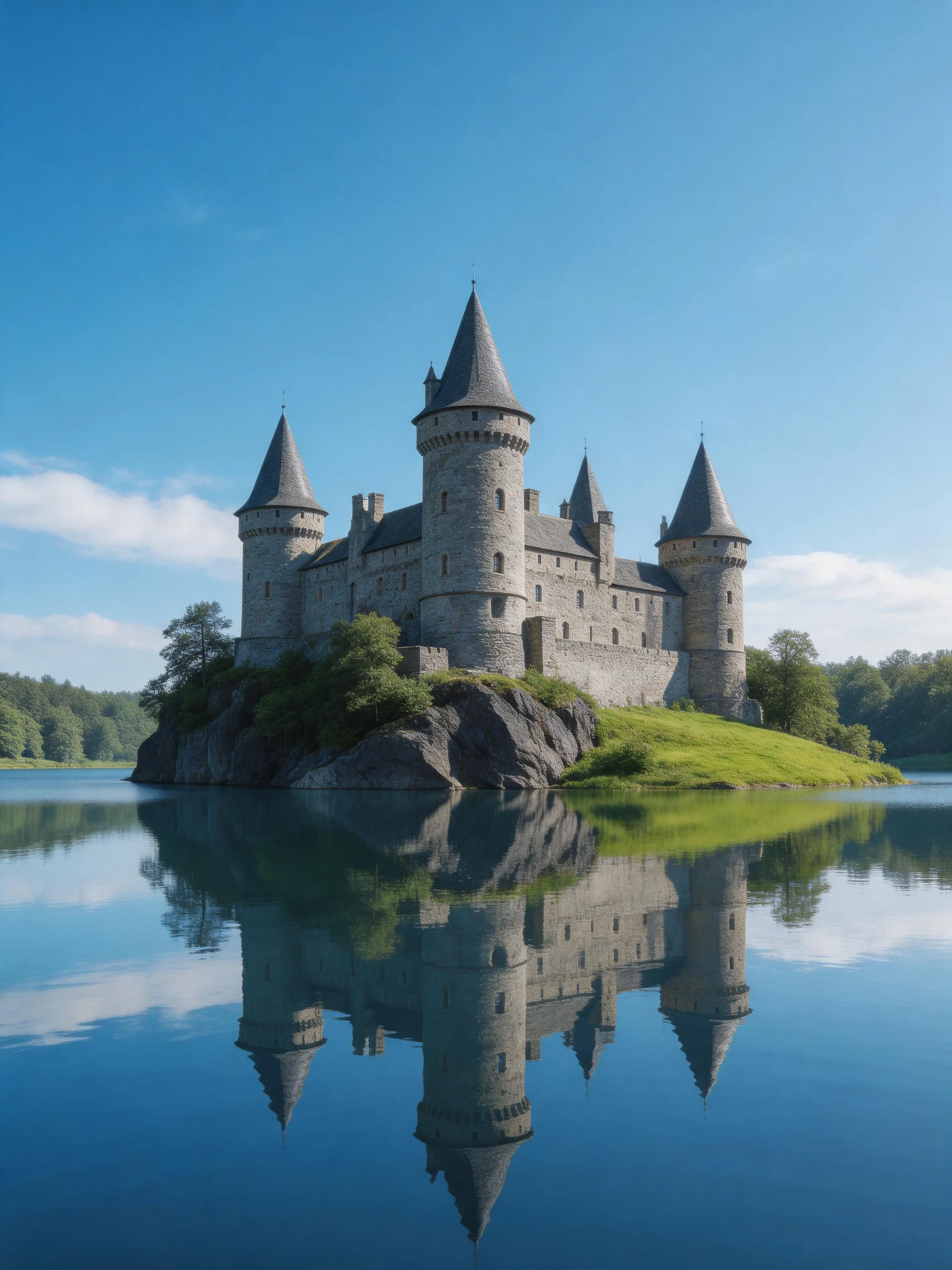 A large medieval stone castle on a small rocky island with water reflection