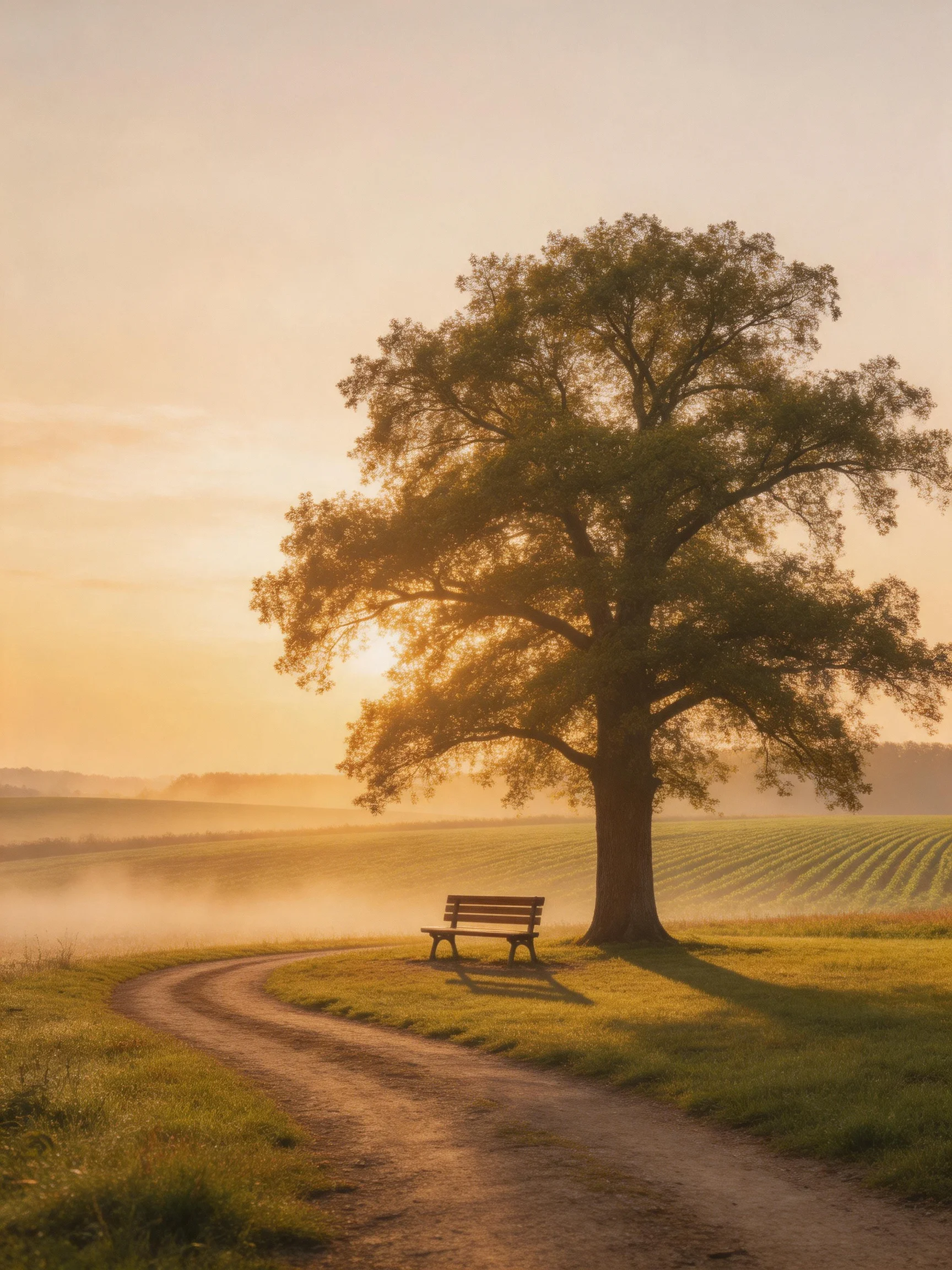 A large oak tree beside a wooden bench near a winding dirt path in a sunlit field