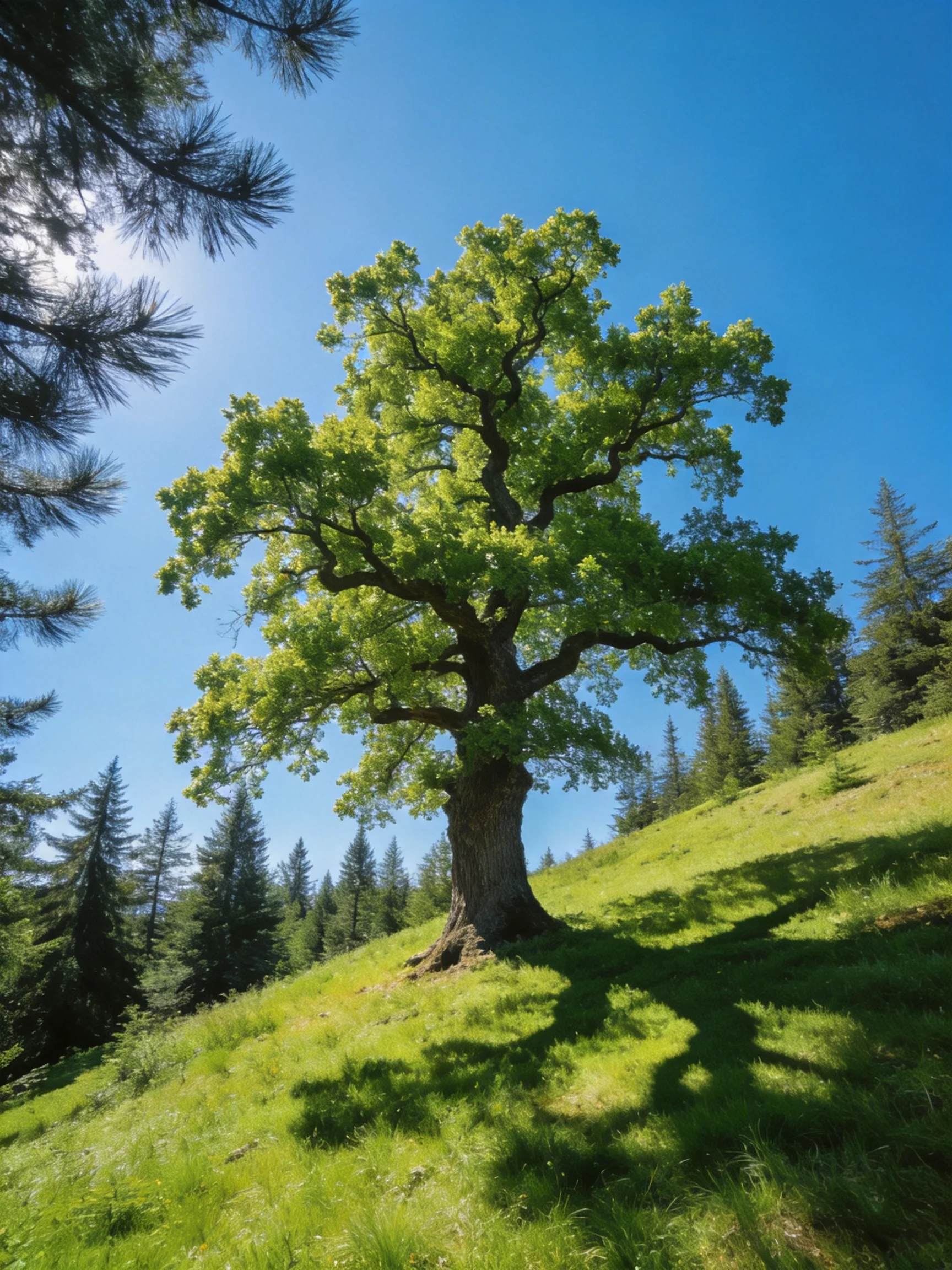 A large oak tree stands alone on a lush green hillside with clear blue skies