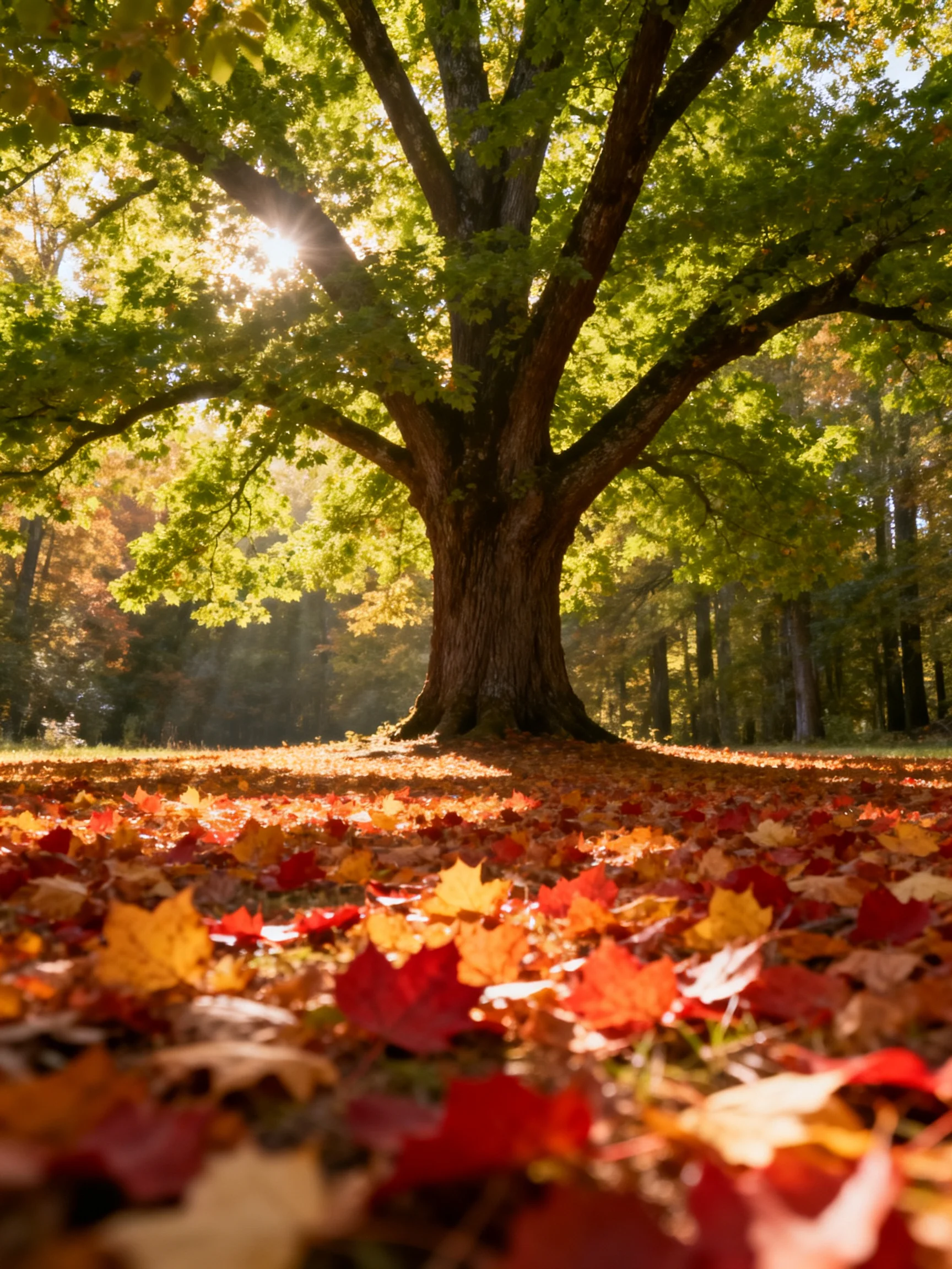 A large oak tree surrounded by vibrant fallen autumn leaves