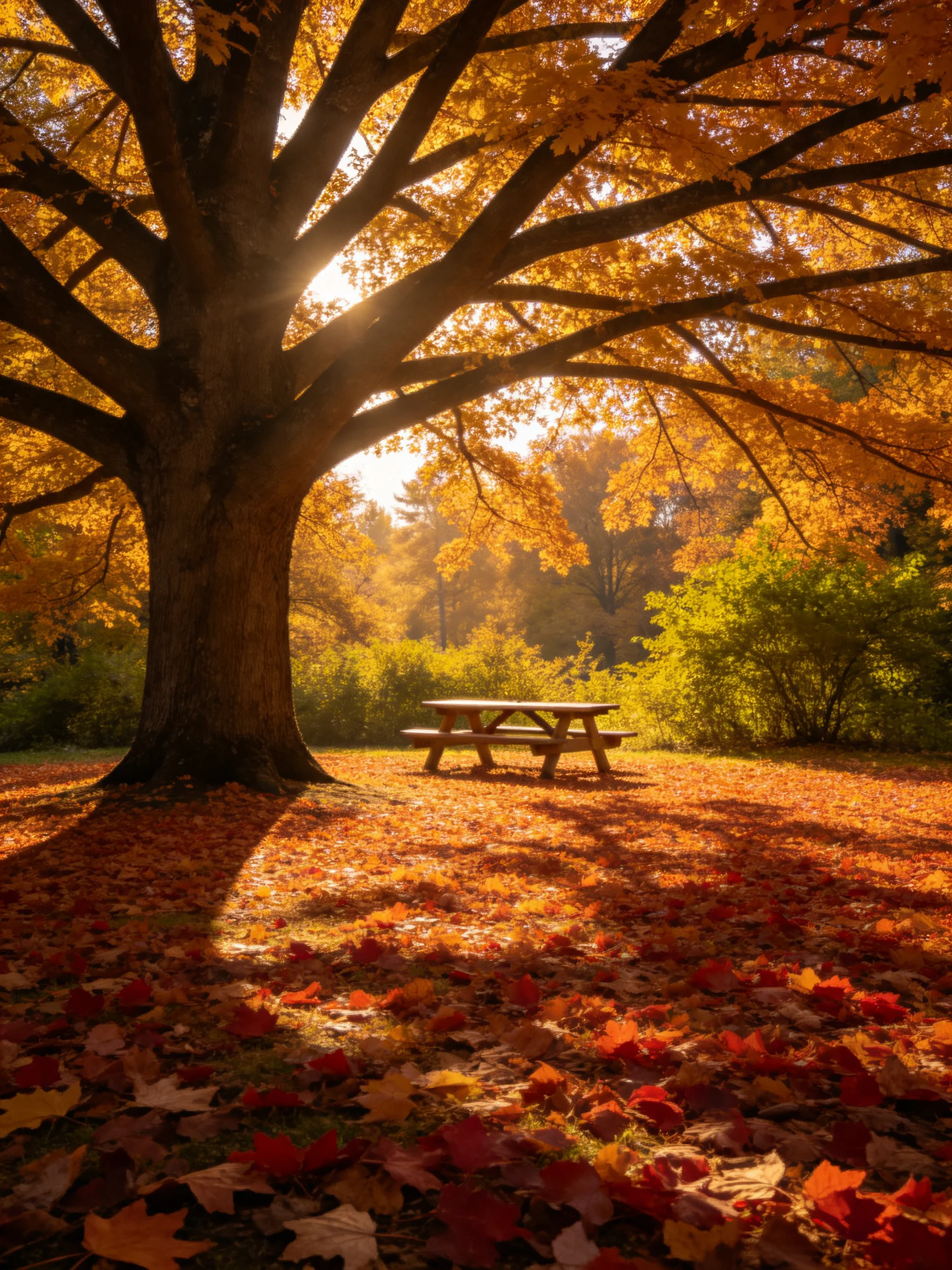 A large oak tree with golden autumn foliage shelters a wooden picnic table