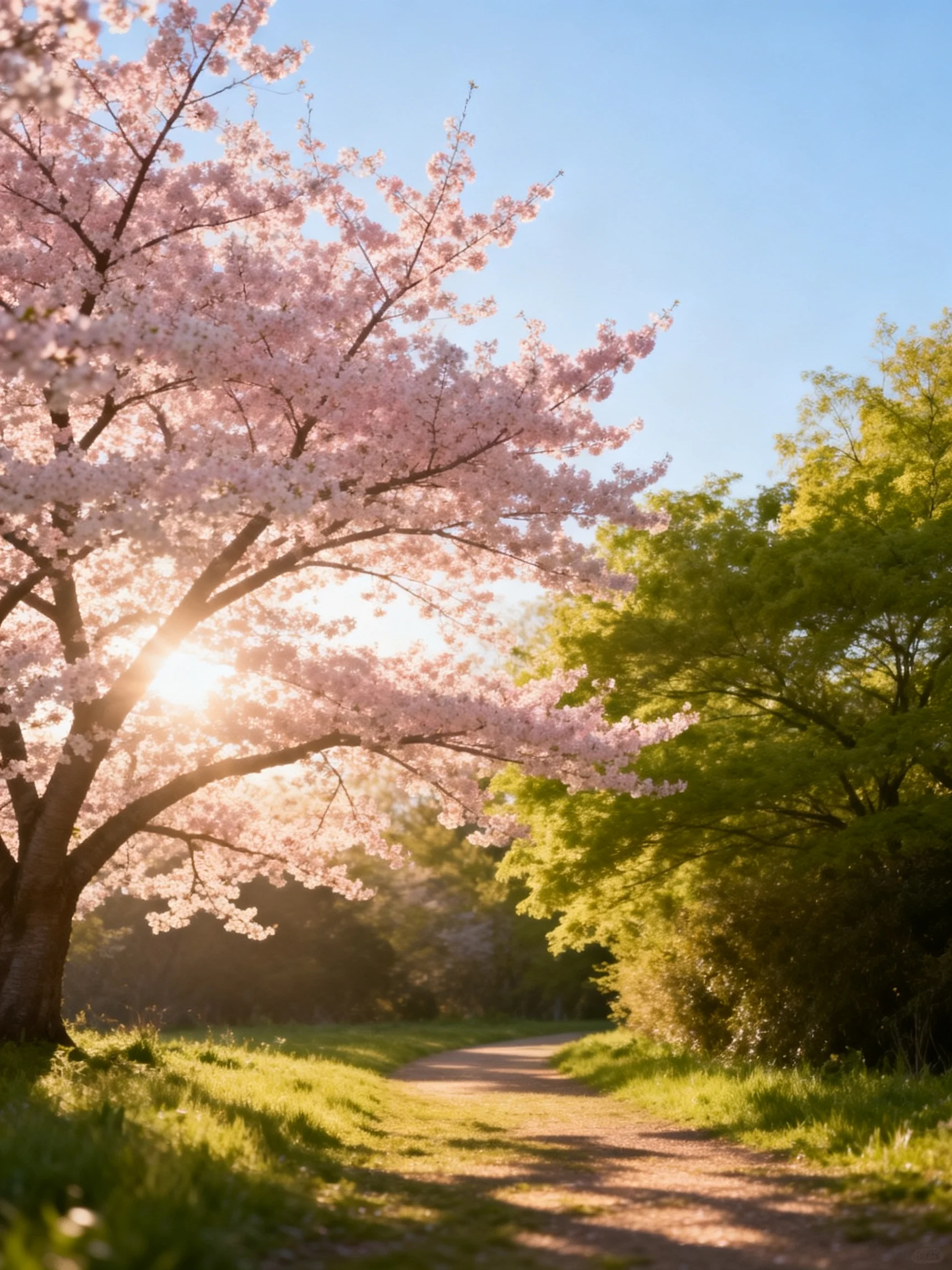 A large pink cherry blossom tree beside a sunlit dirt path