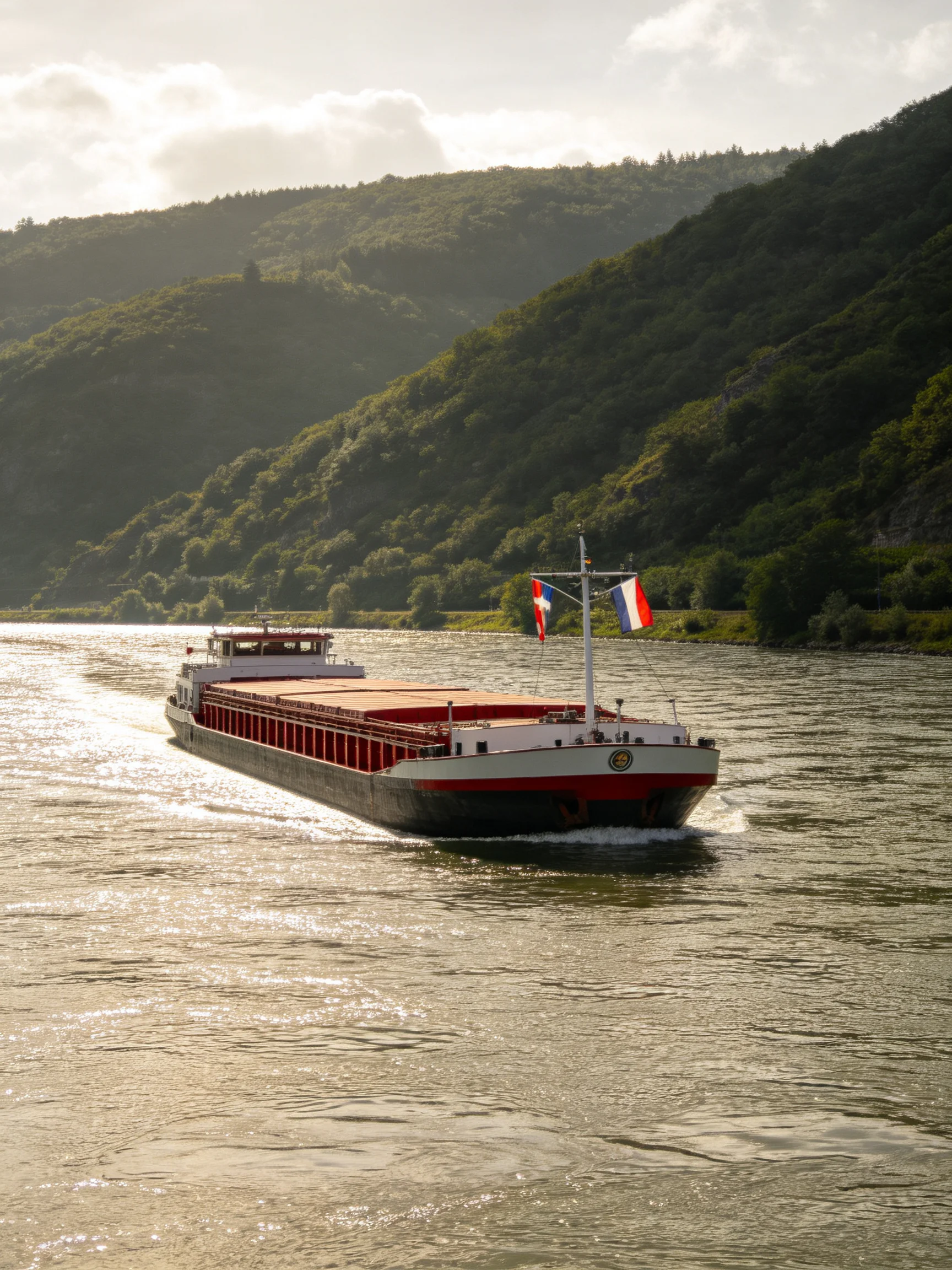 A large red and white freighter cruising along a sunlit river with forested hills