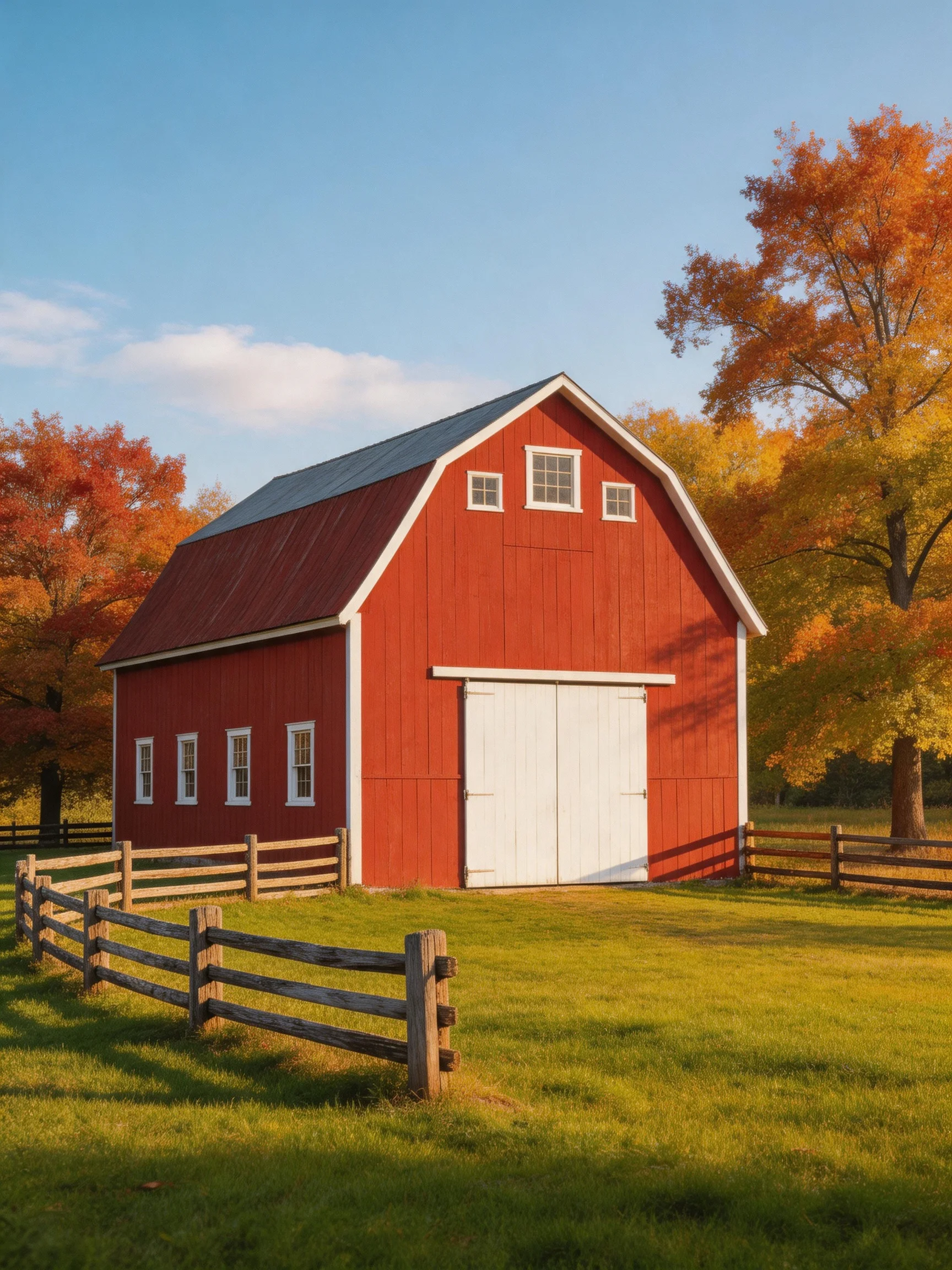 A large red barn near autumn trees and wooden fences
