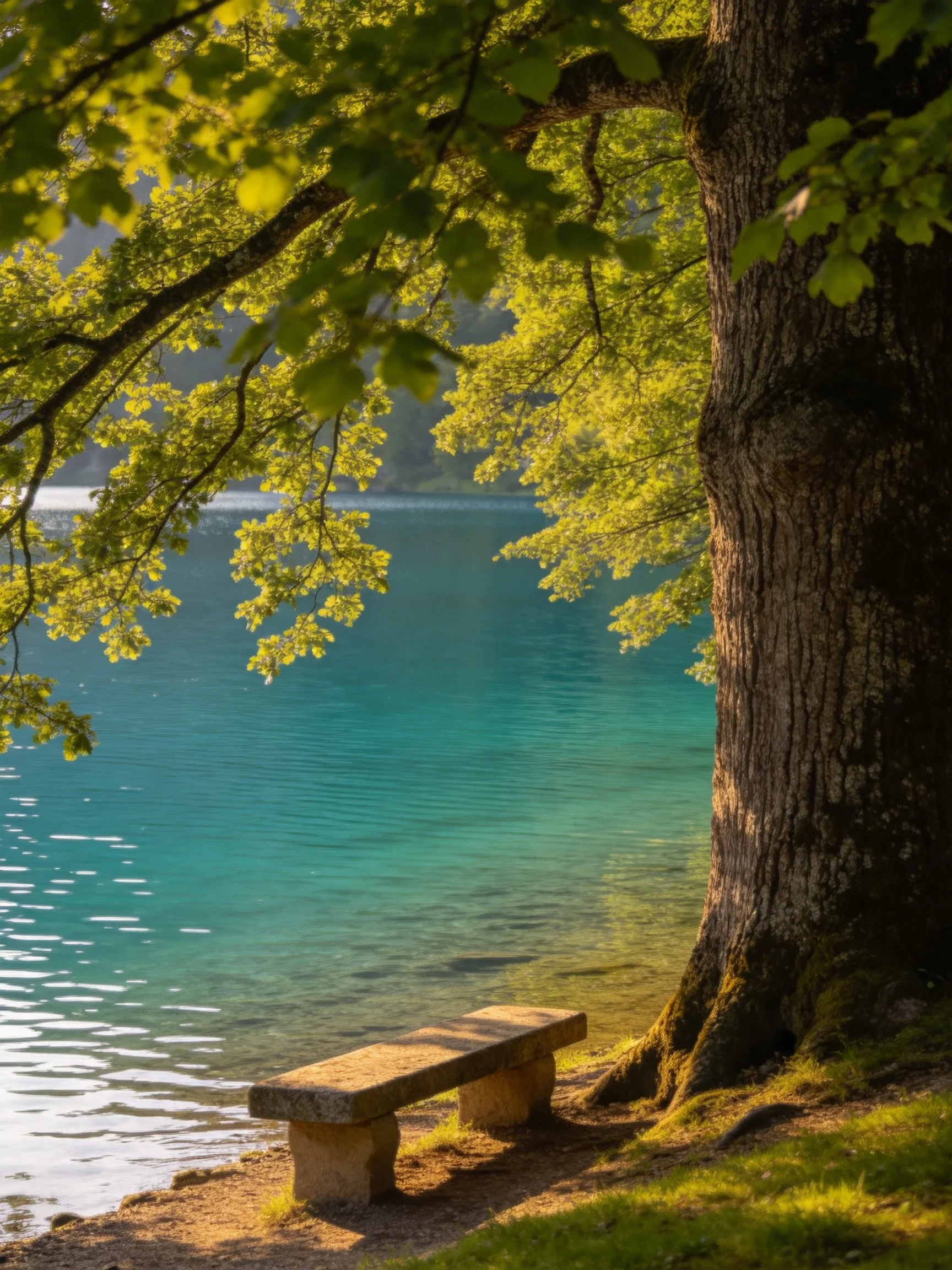 A large tree shades a stone bench by a turquoise lake