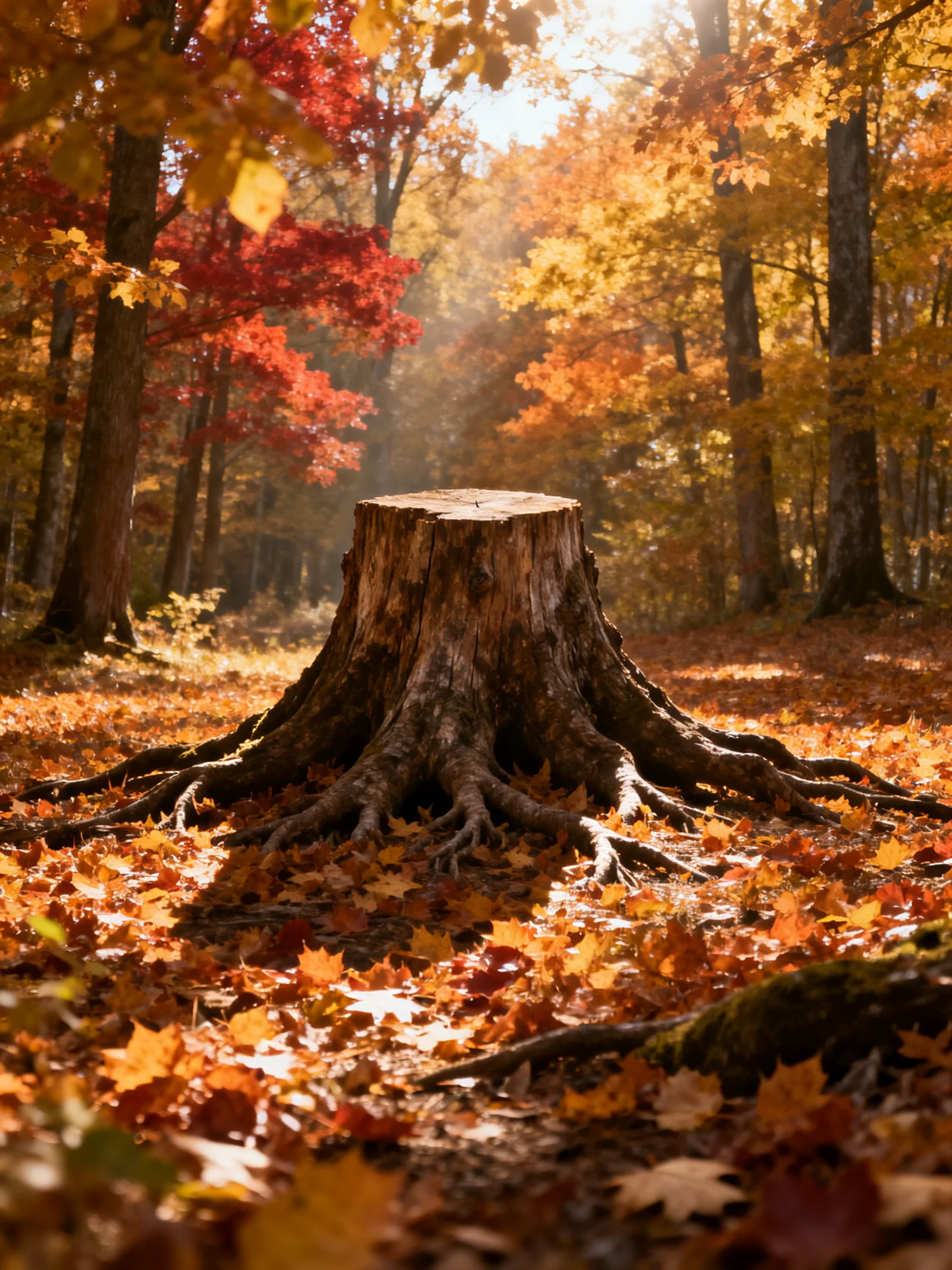 A large tree stump surrounded by vibrant fall foliage and golden sunlight