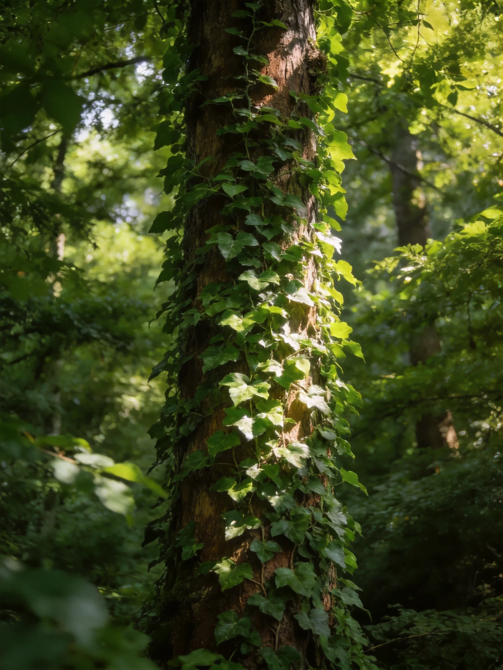 A large tree trunk covered in green vines under sunlit forest