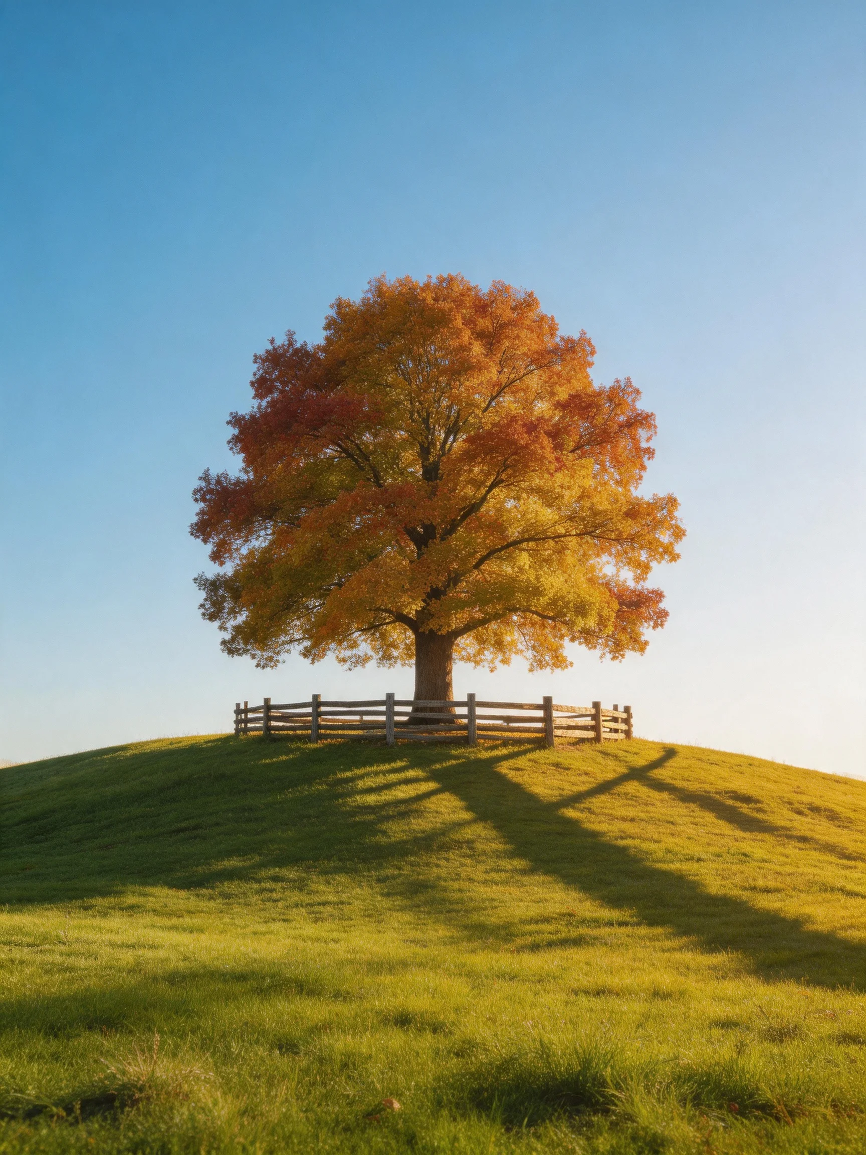 A large tree with golden-orange foliage stands atop a grassy hill behind a wooden fence.