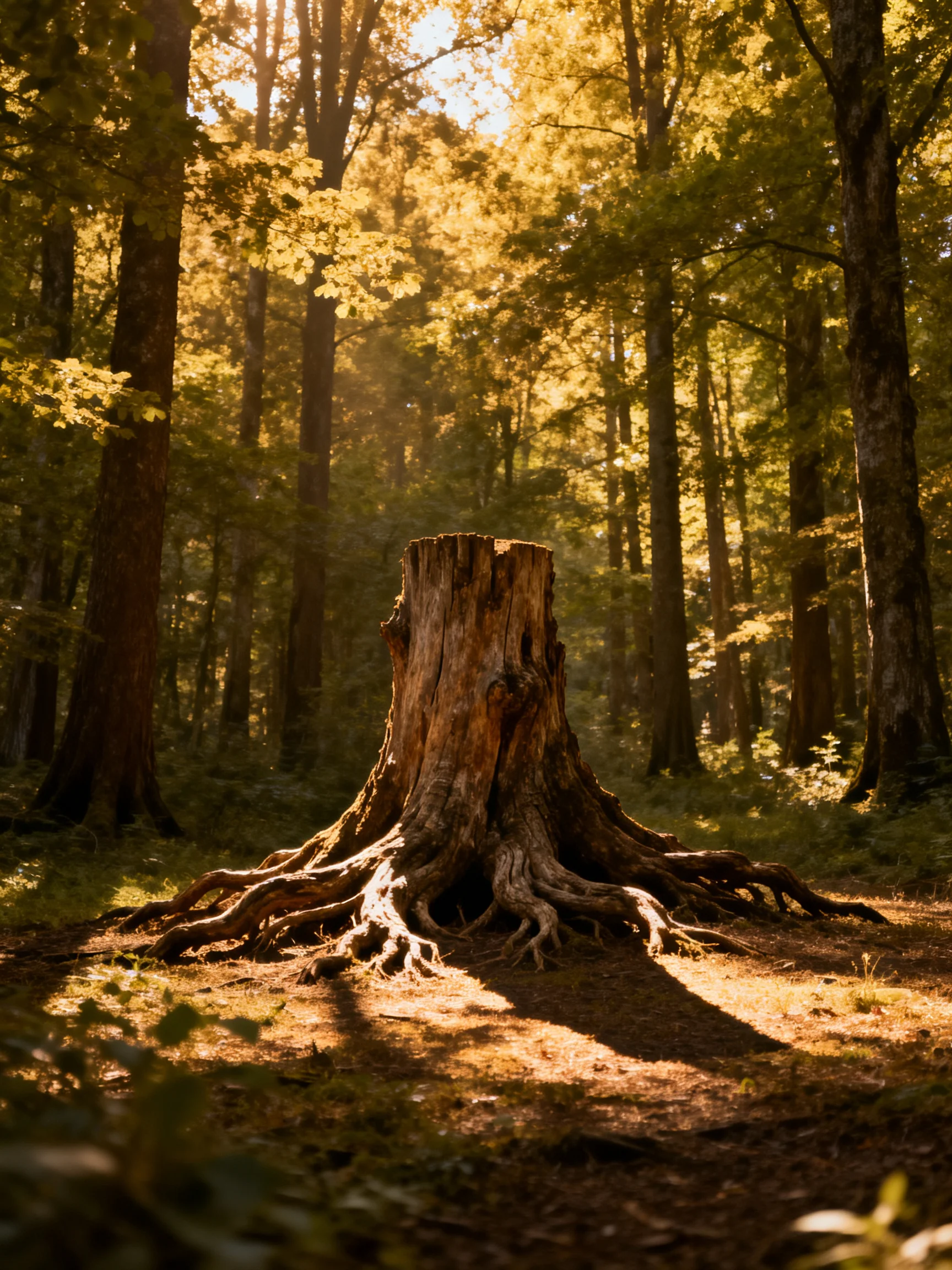 A large weathered tree stump in a sun-dappled forest clearing