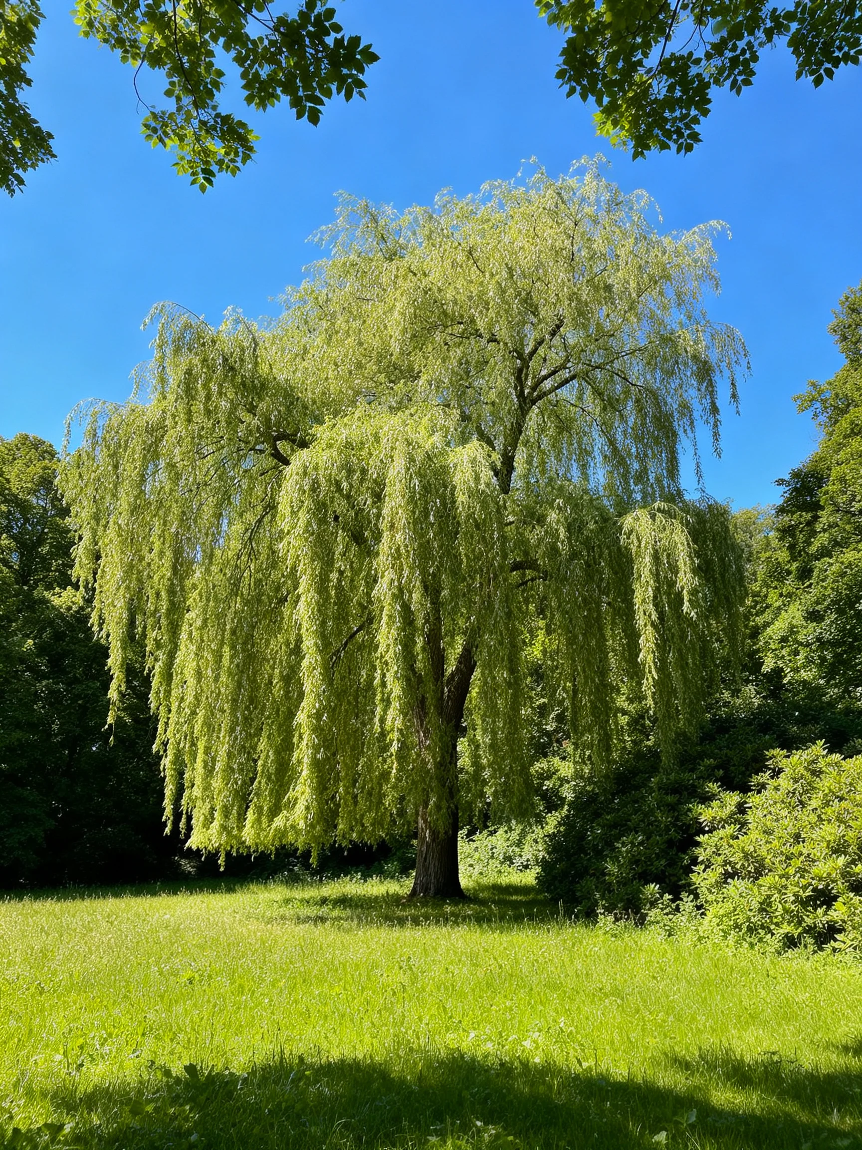 A large weeping tree with hanging branches in a sunlit green meadow
