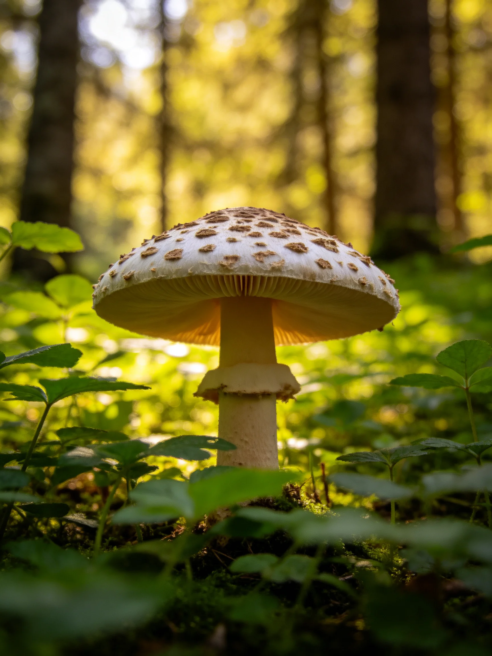 A large white-spotted mushroom stands amid lush greenery in a sun-dappled forest