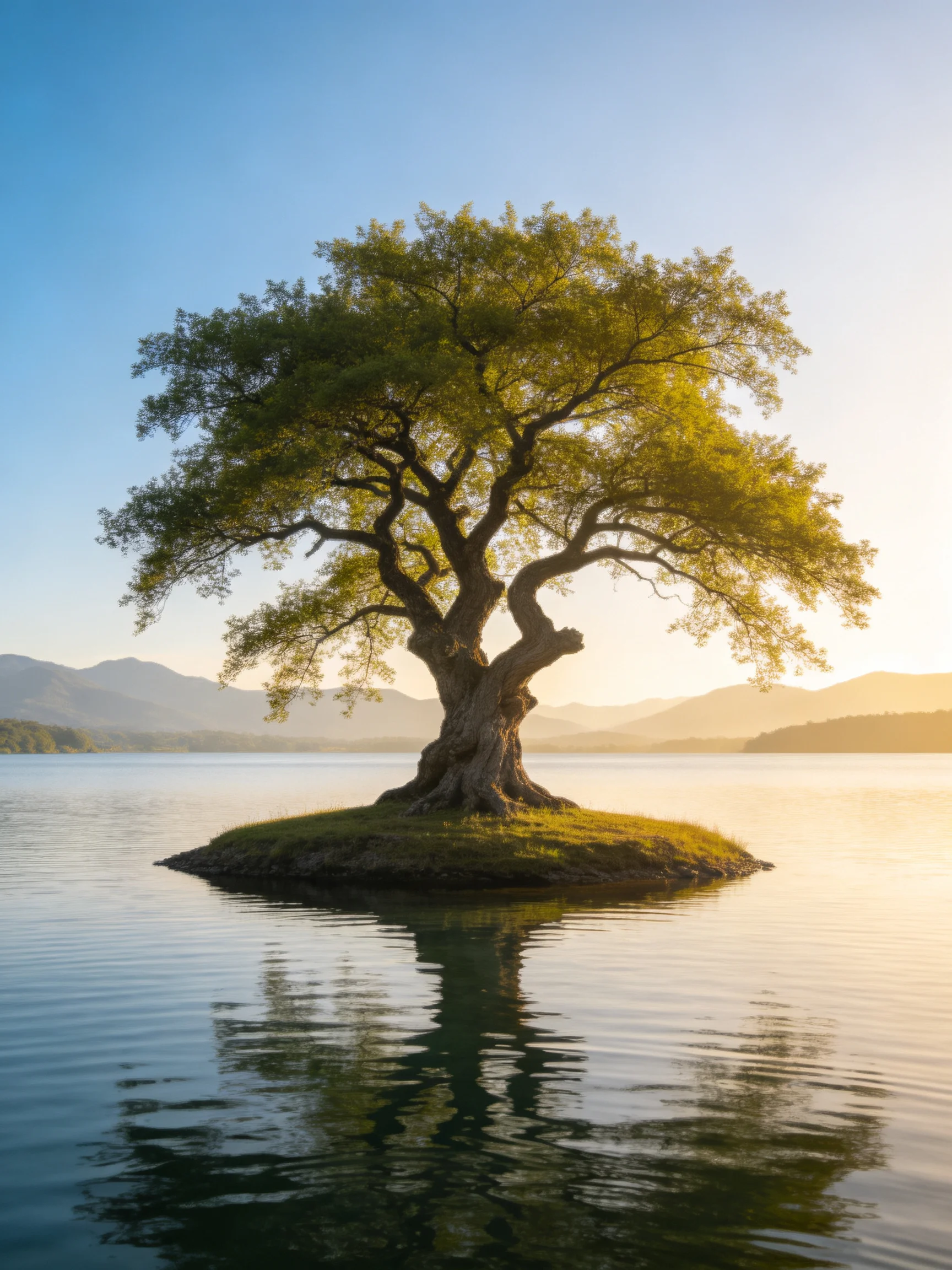 A lone ancient tree stands on a small island in calm waters