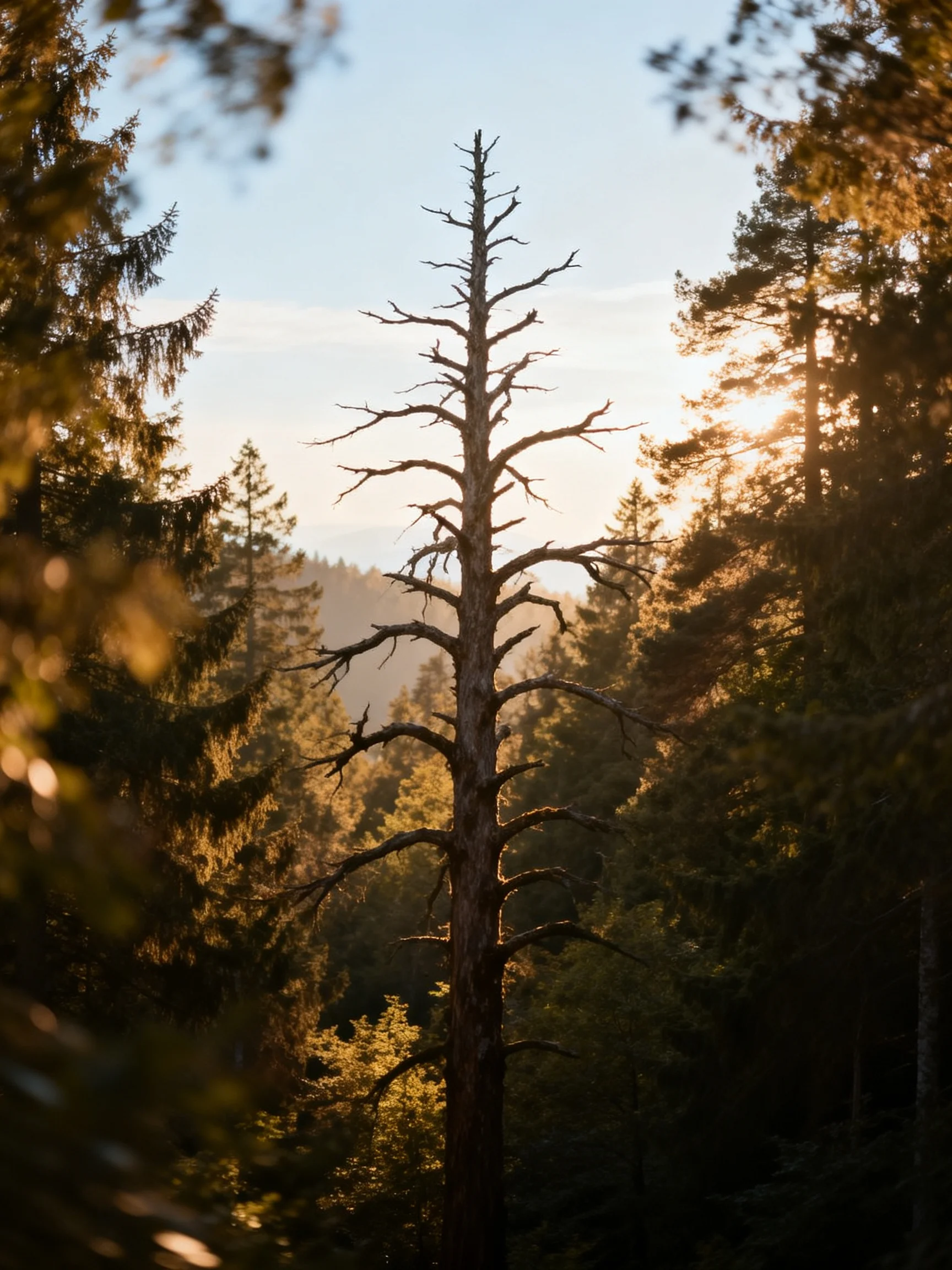 A lone bare tree amid dense forest foliage at sunset