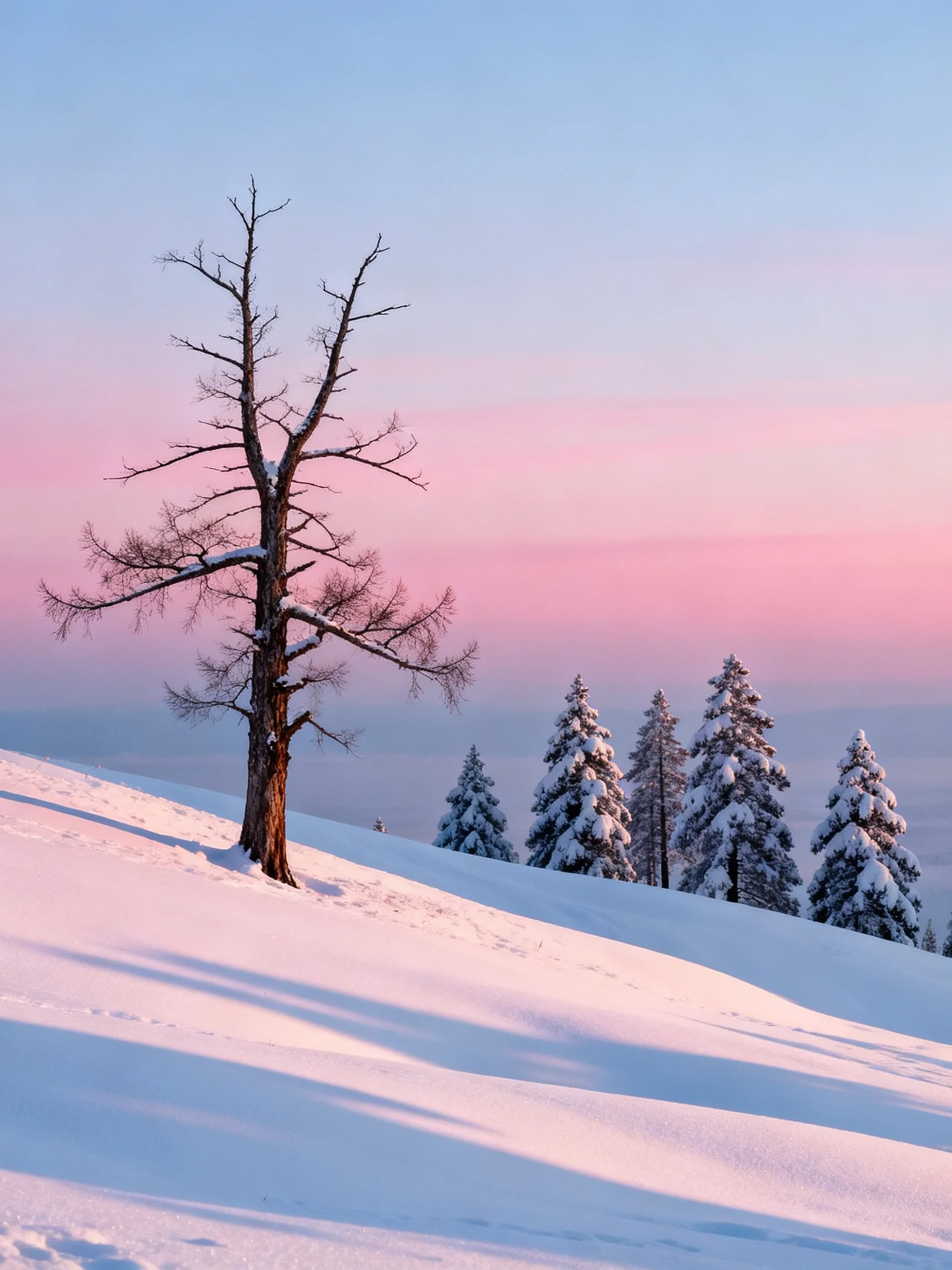 A lone bare tree amid snow-covered pines under a pink sky