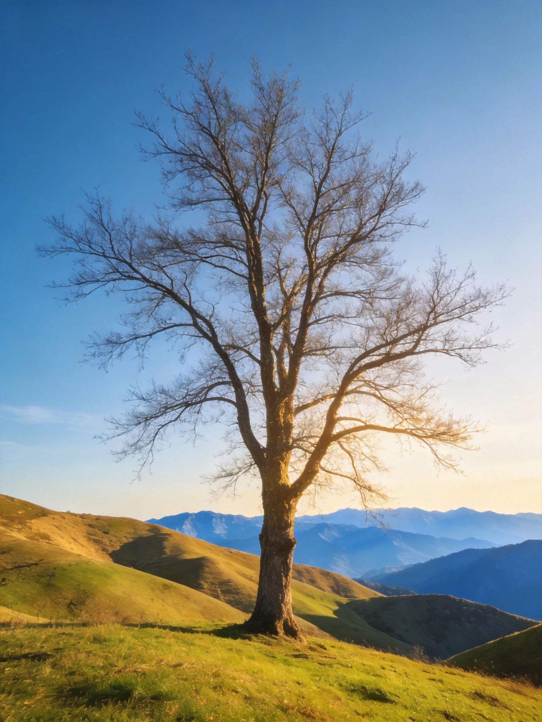 A lone bare tree atop rolling green hills with distant blue mountains