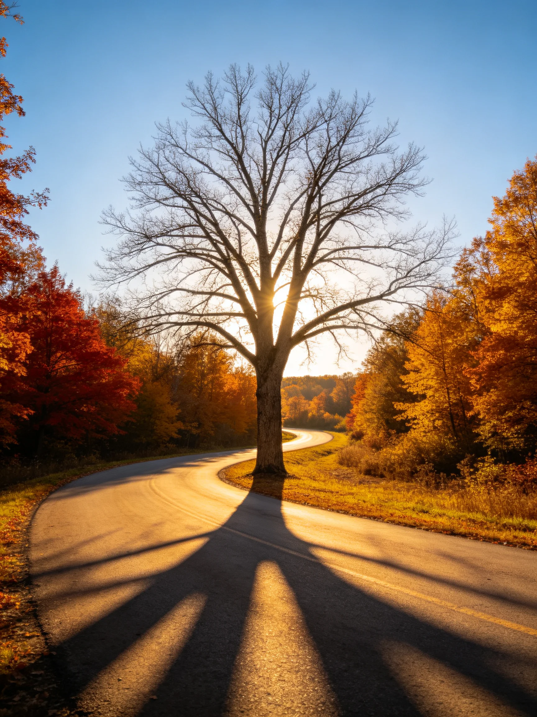 A lone bare tree beside a winding autumn road