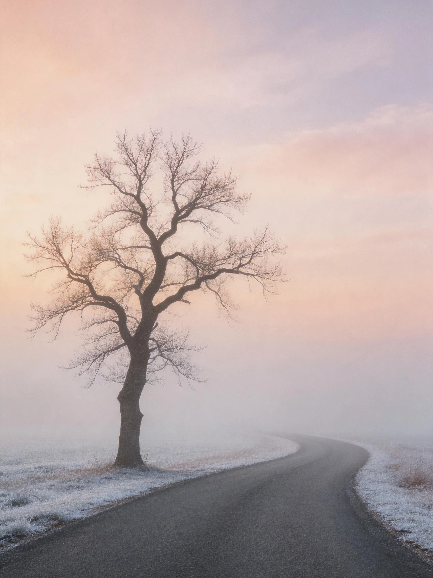 A lone bare tree beside a winding foggy road at dawn