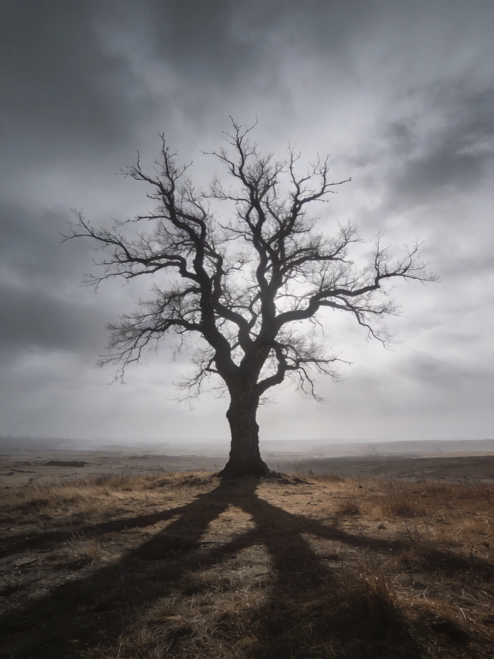 A lone bare tree stands against a moody gray sky