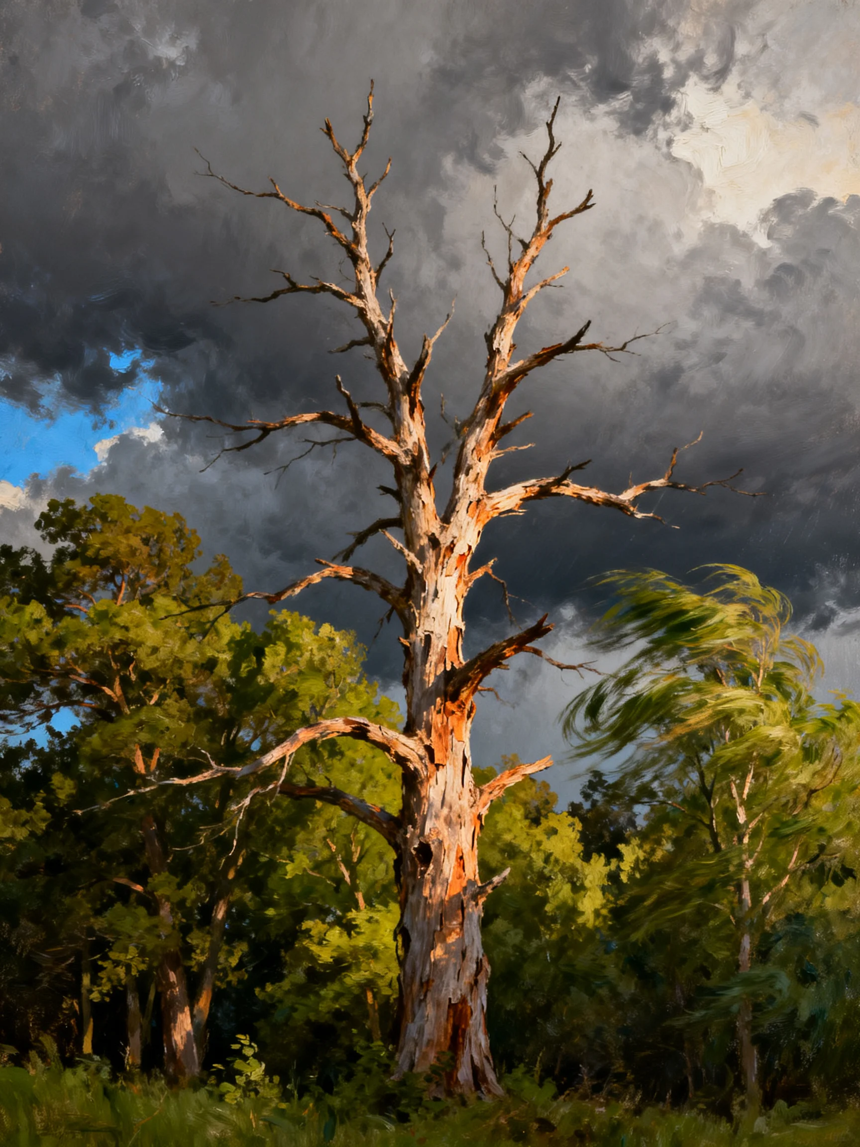 A lone bare tree stands amid lush foliage under ominous storm clouds