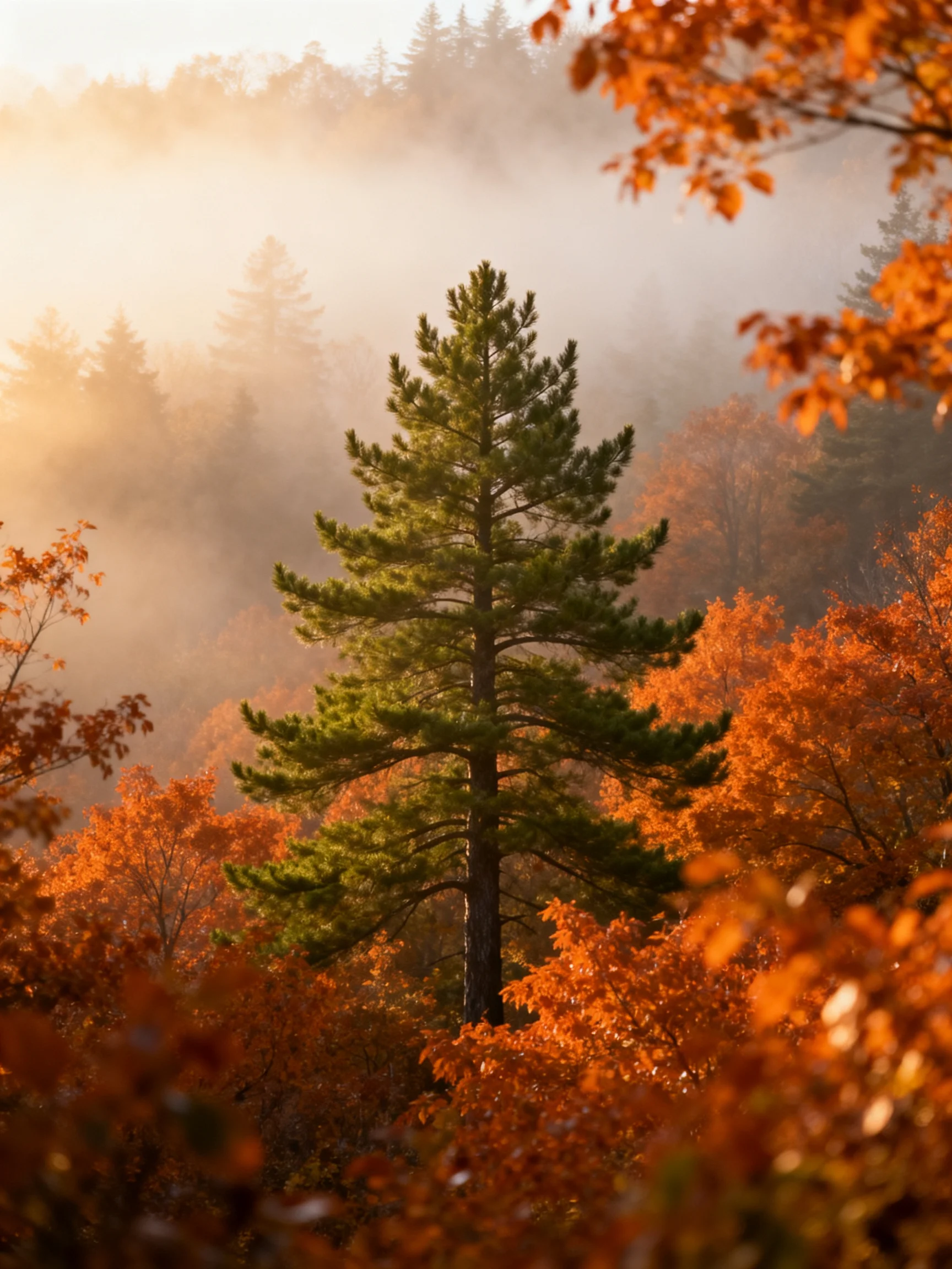 A lone evergreen stands among autumn-hued trees in misty forest