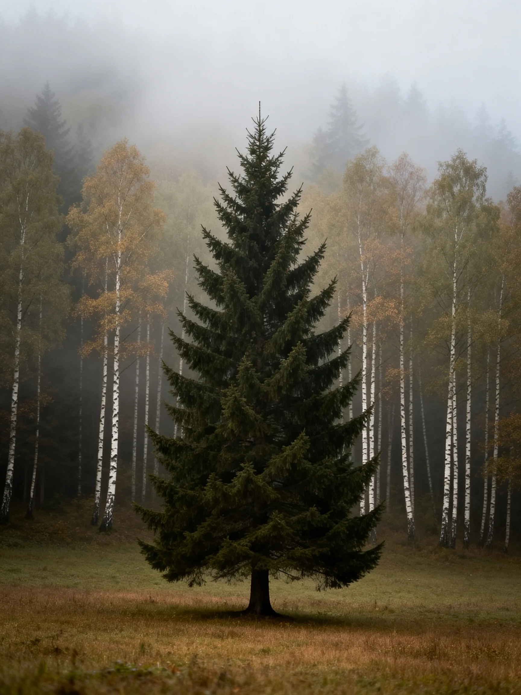 A lone evergreen stands among misty birches