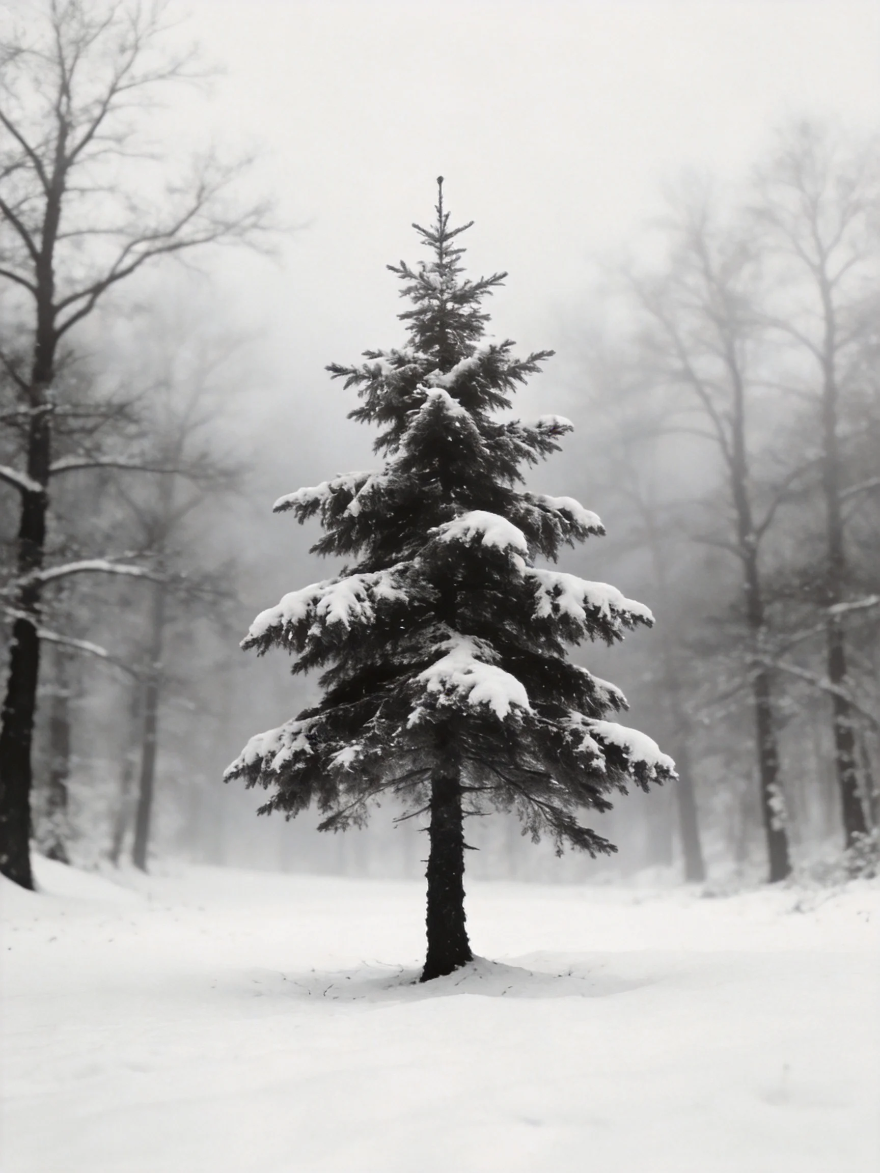 A lone evergreen tree blanketed in snow amidst foggy woods
