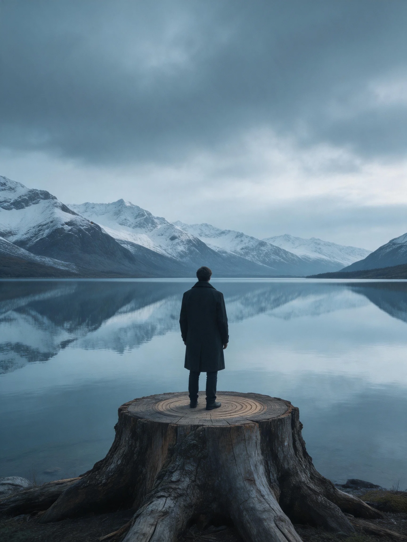A lone figure stands on a large tree stump by a calm lake with snow-capped mountains