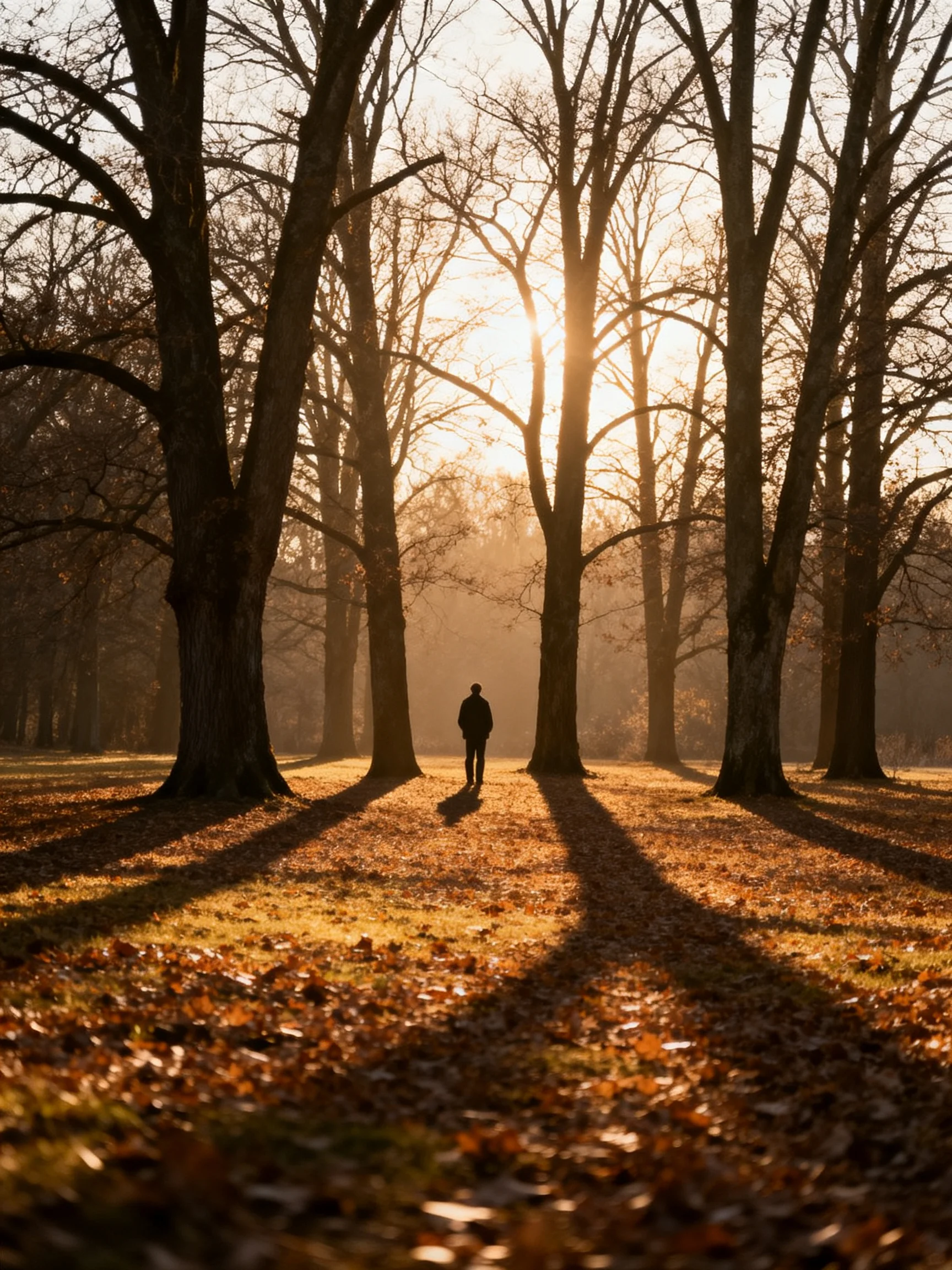 A lone figure walks among towering autumn trees bathed in golden sunlight