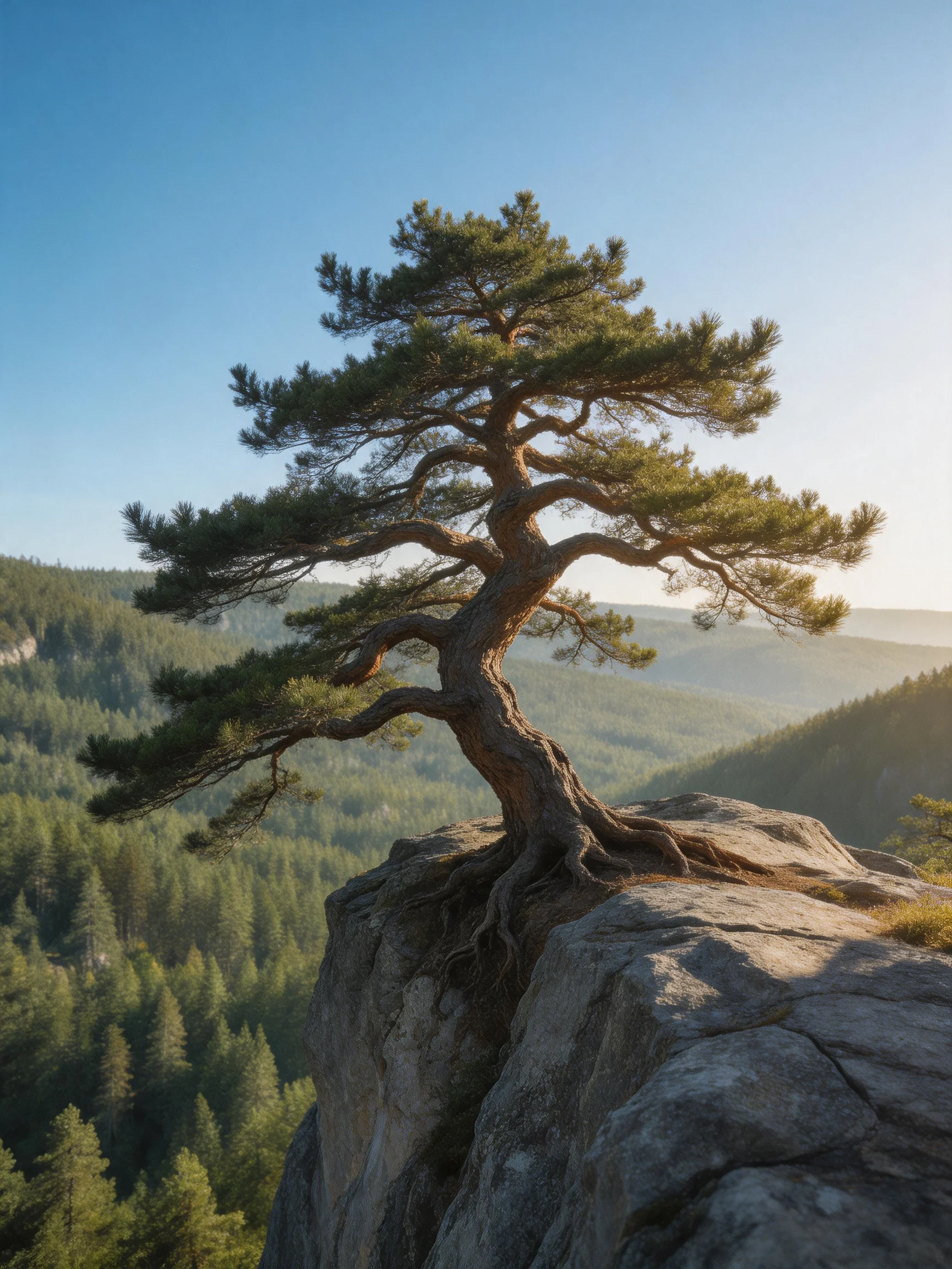 A lone mature pine tree on a rocky cliff overlooks forests