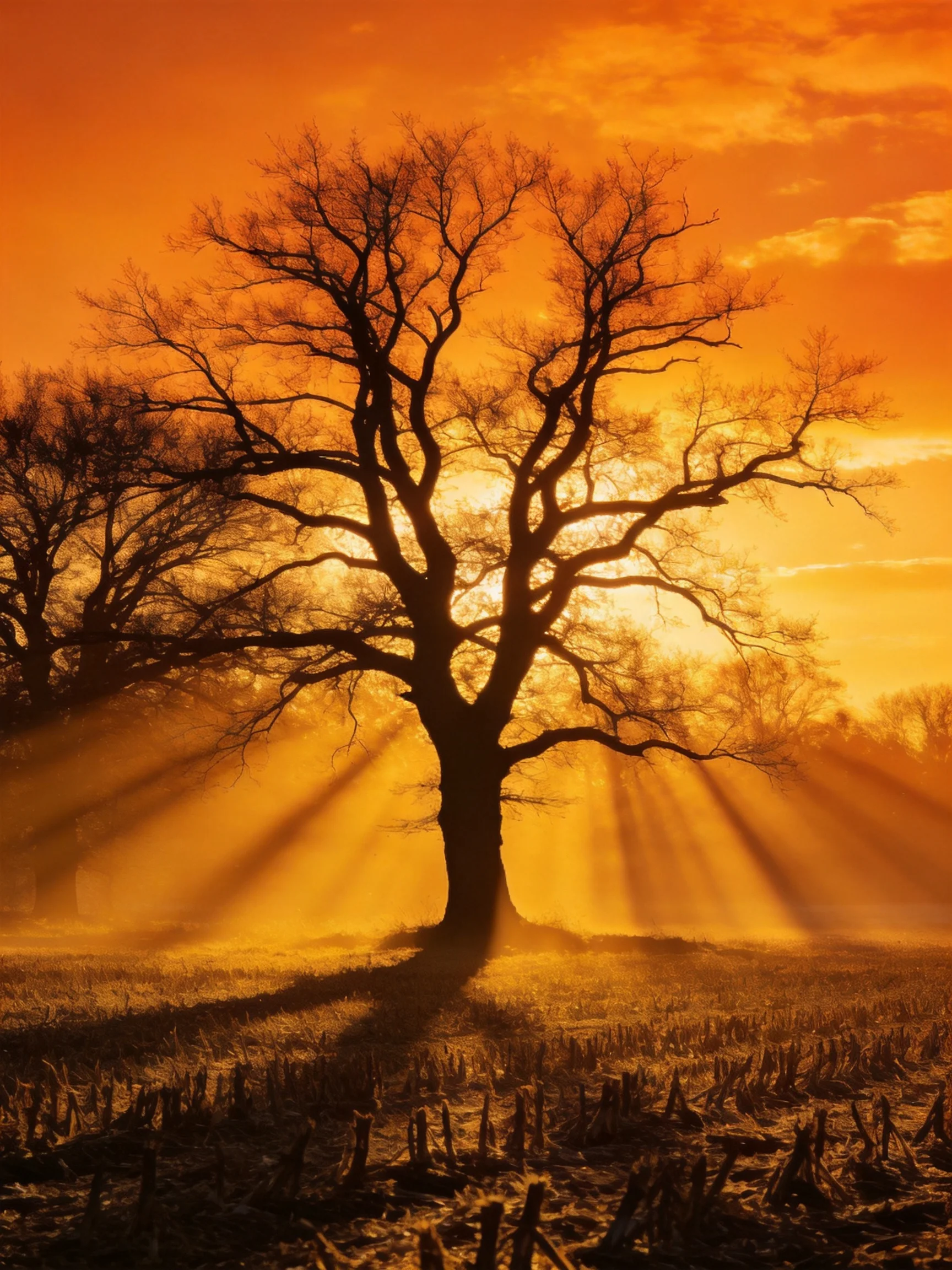 A lone oak tree silhouetted by a vibrant orange sunset with sunbeams