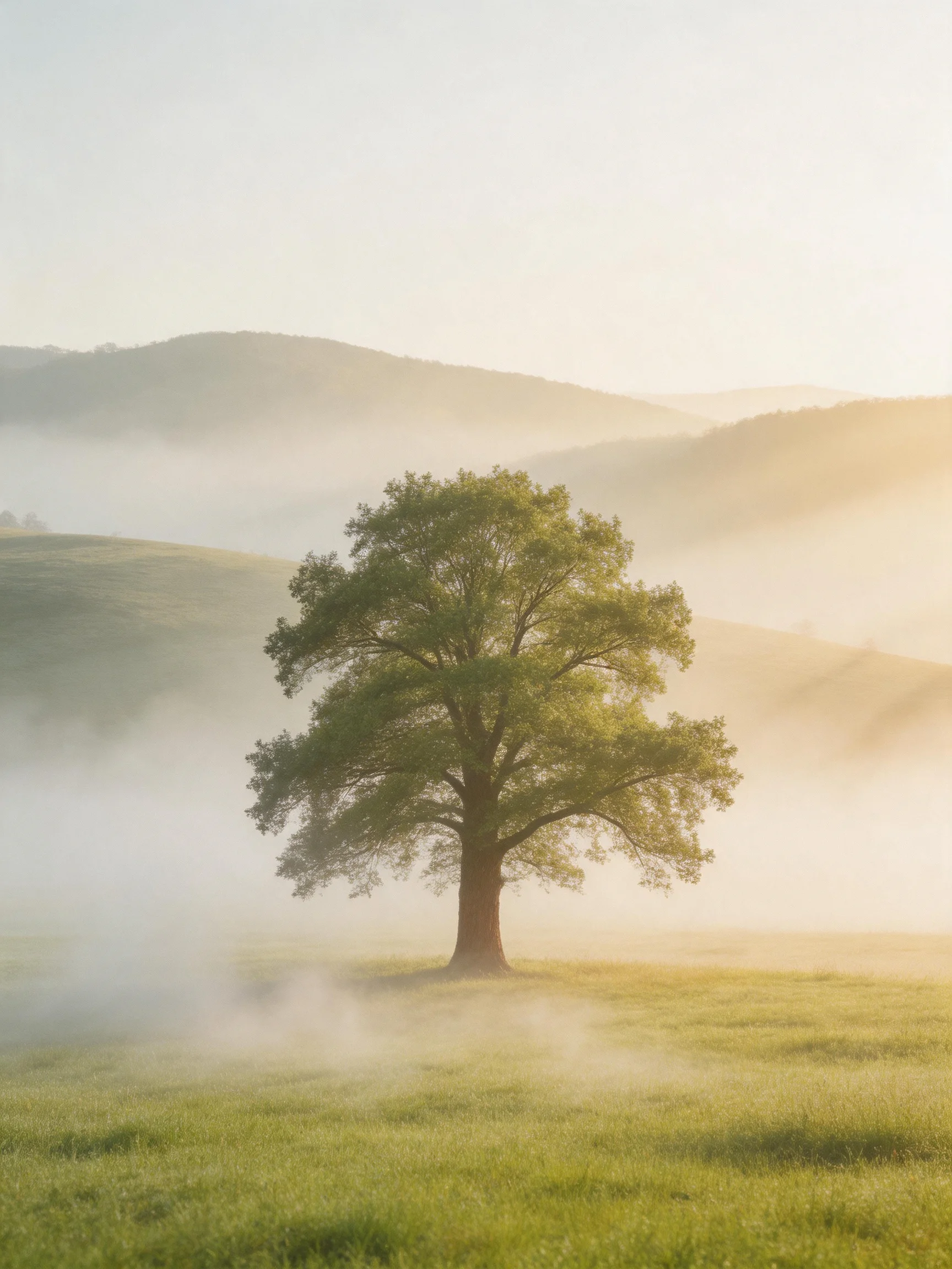 A lone oak tree stands amidst a misty green meadow with rolling hills