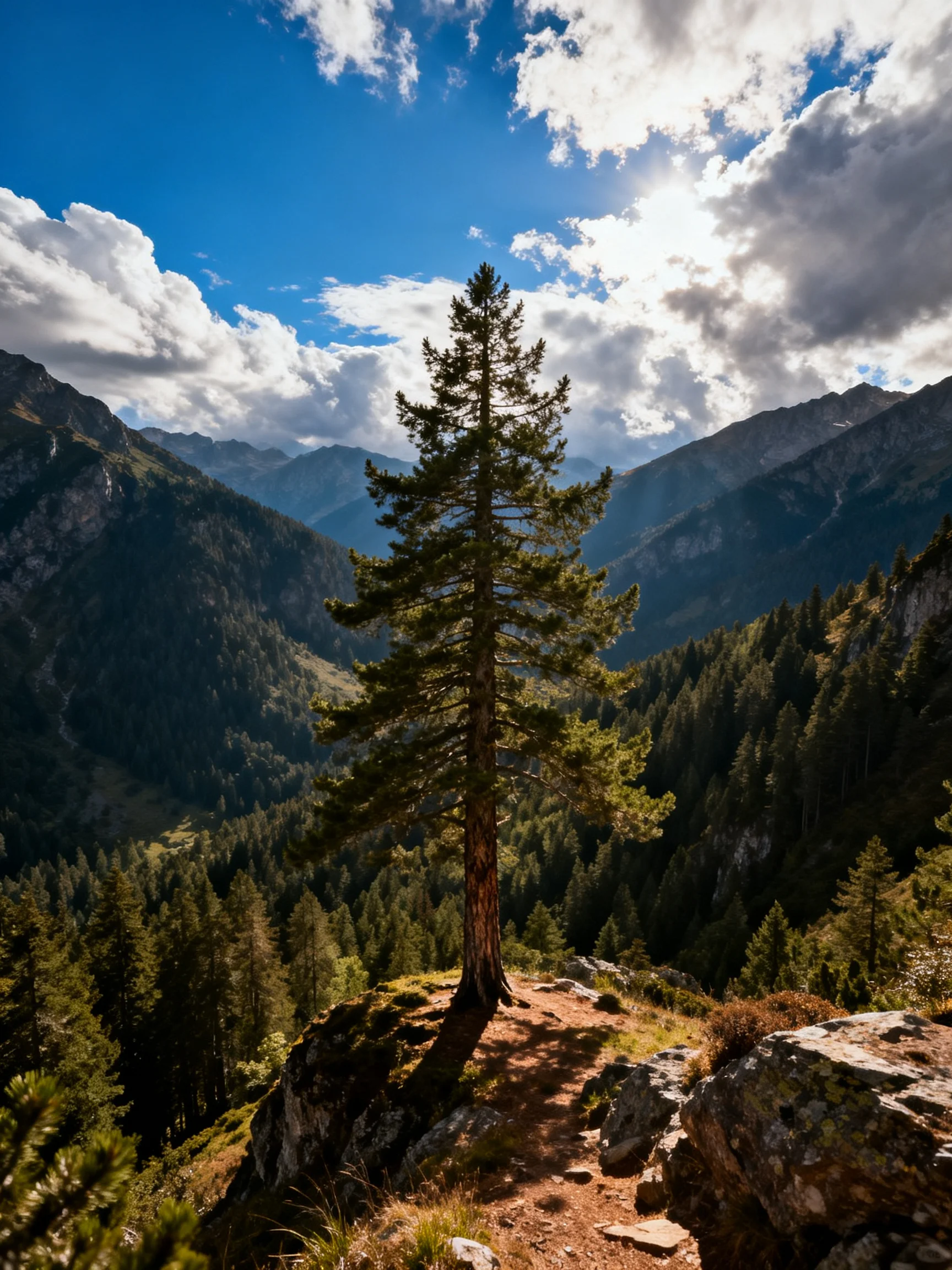 A lone pine stands atop rocky terrain amid vast forested mountains
