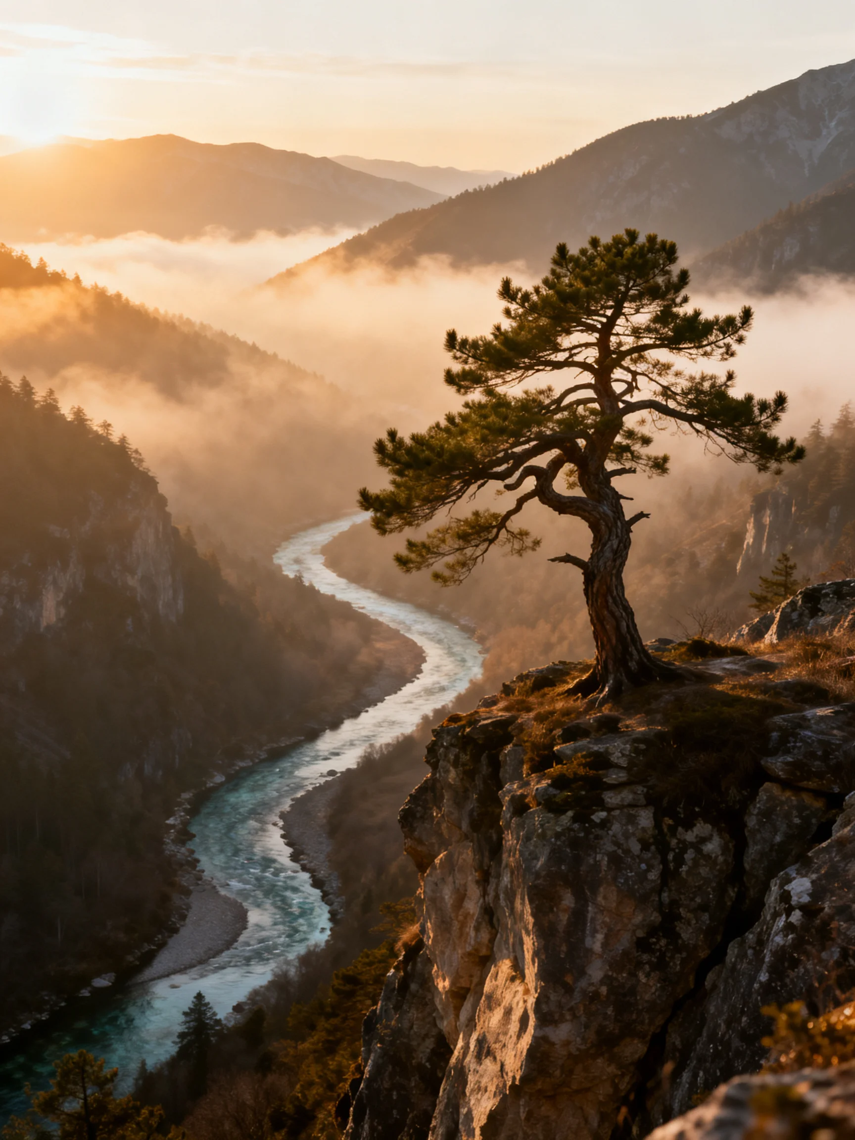 A lone pine tree atop a rocky cliff overlooks a winding blue-green river among misty mountains