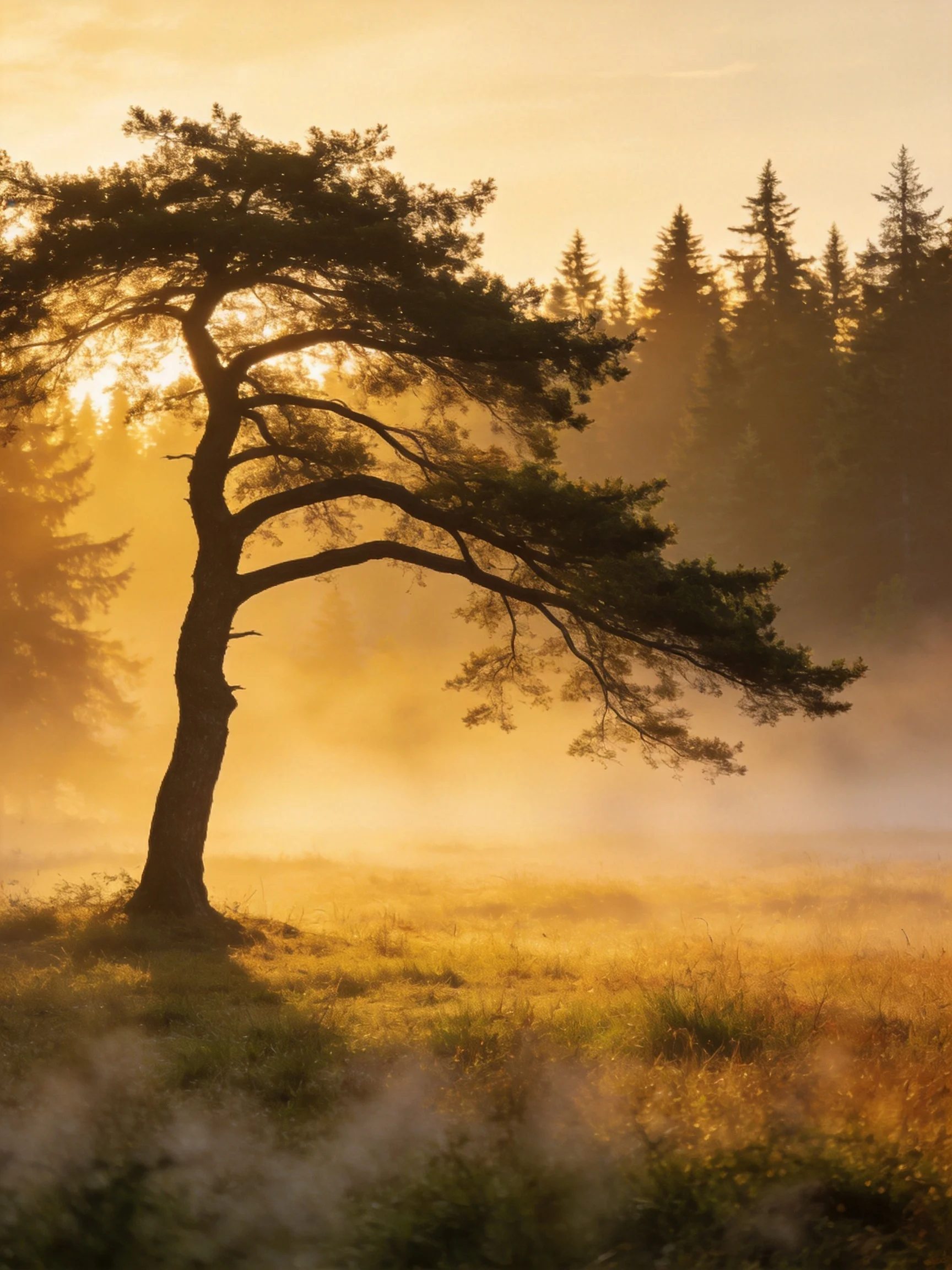 A lone pine tree in a golden, misty meadow near a forest