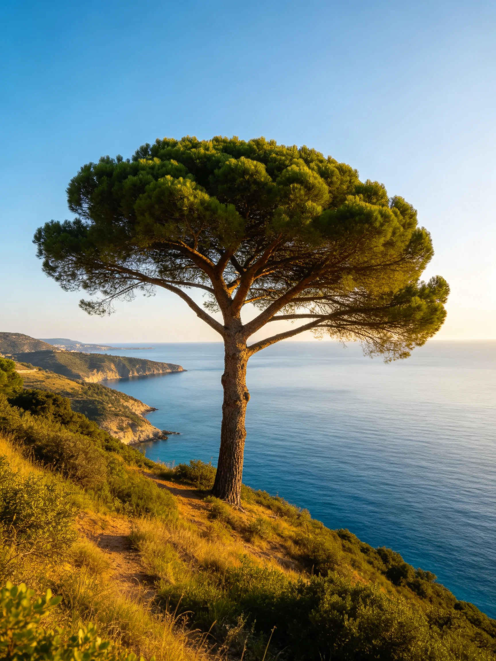 A lone pine tree overlooks serene blue seas from a golden hilltop
