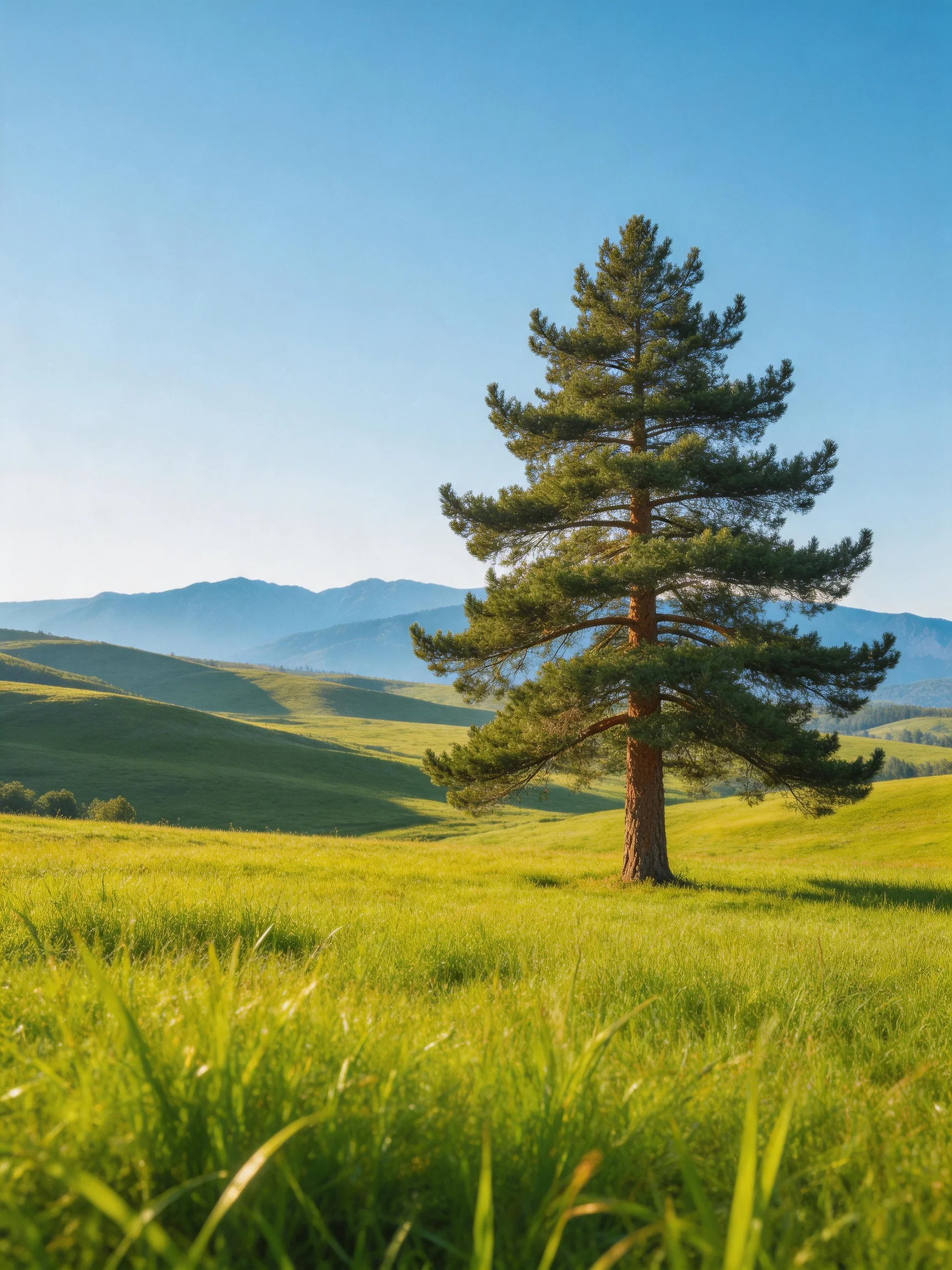 A lone pine tree stands in a vast green meadow with distant mountains