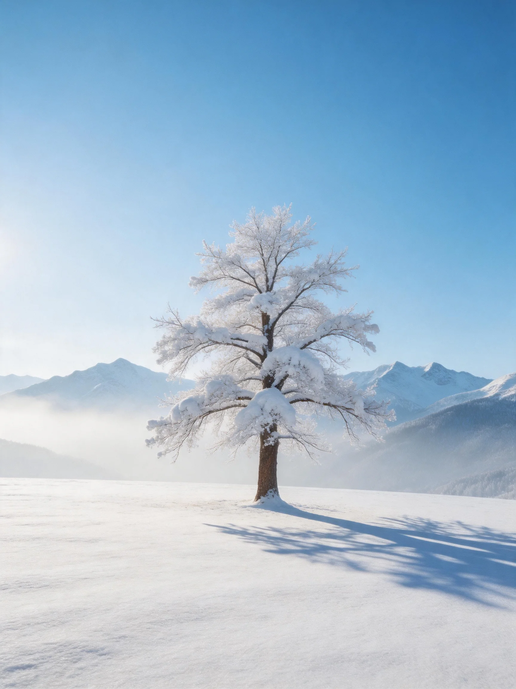 A lone snow-laden tree in a vast snowy field with distant mountain peaks