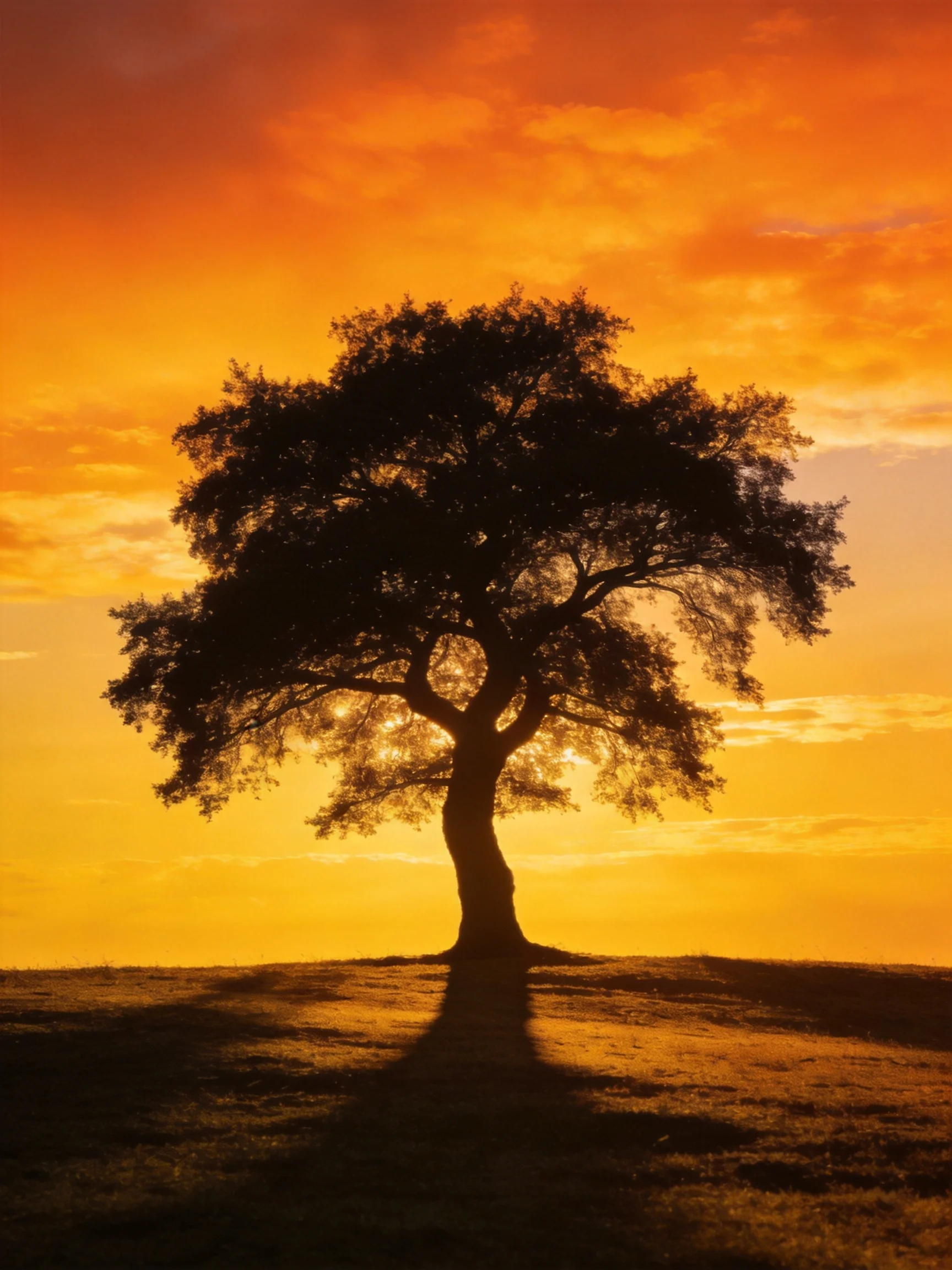 A lone tree silhouetted against a vibrant orange sunset landscape