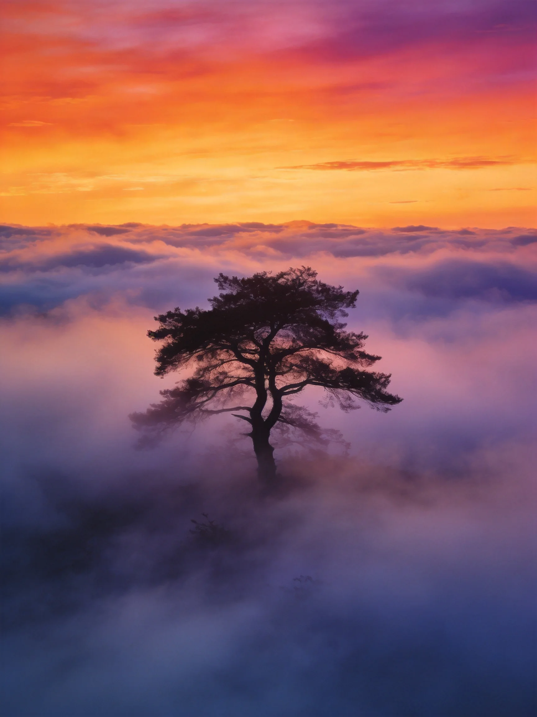 A lone tree stands amid misty clouds under vibrant sunset skies