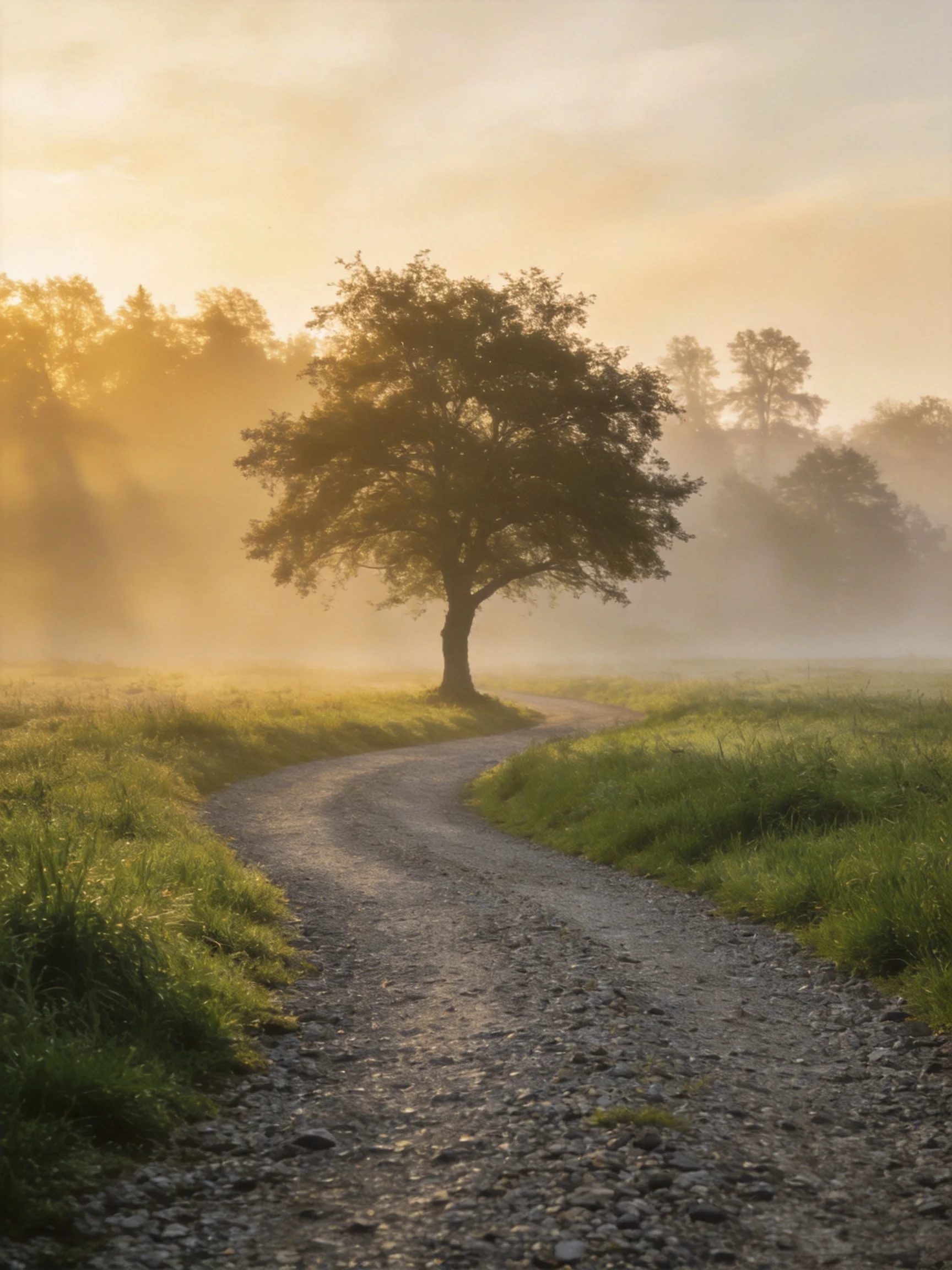 A lone tree stands beside a winding gravel path amid morning mist