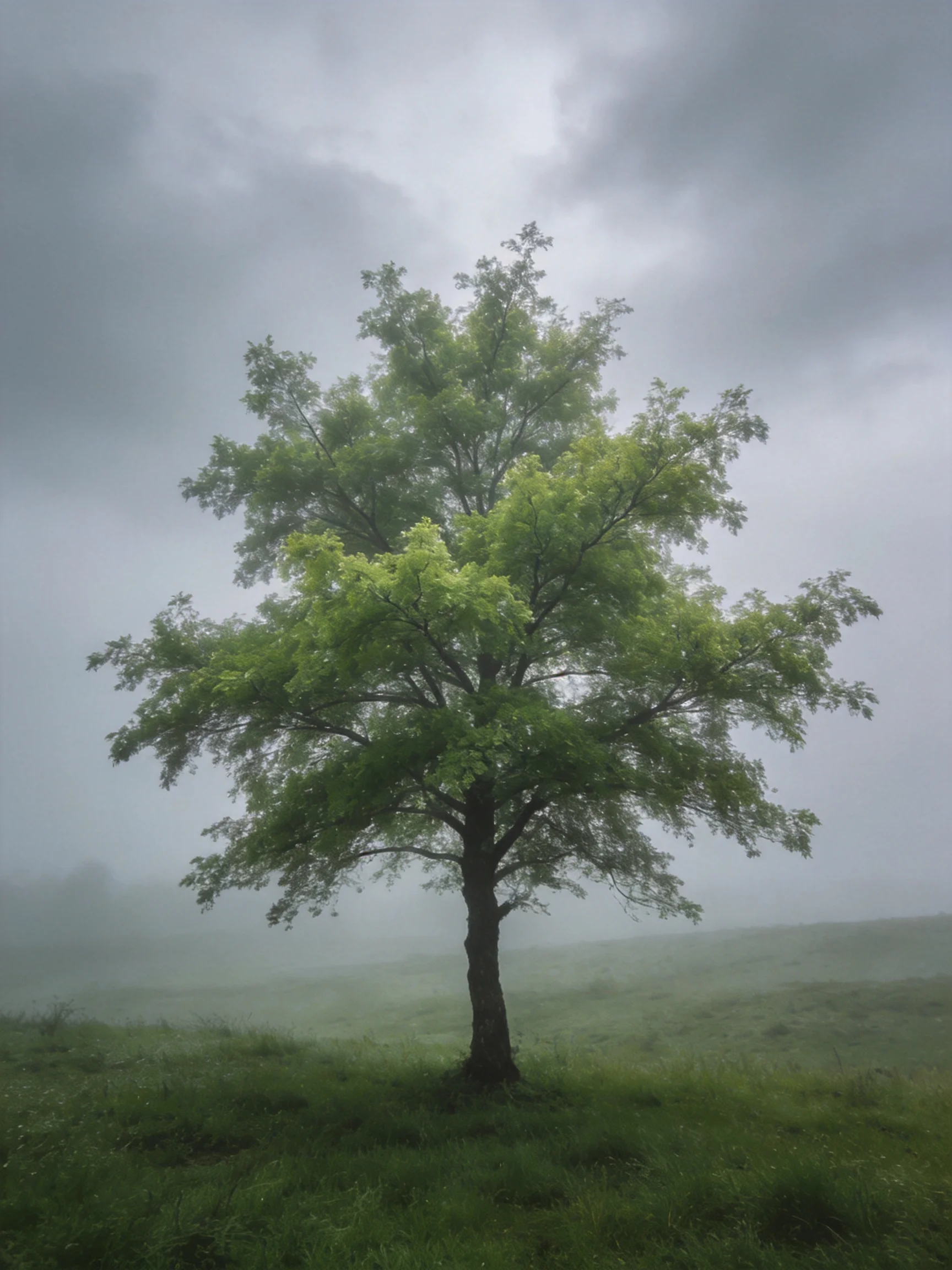 A lone tree stands in a misty, green meadow under overcast skies