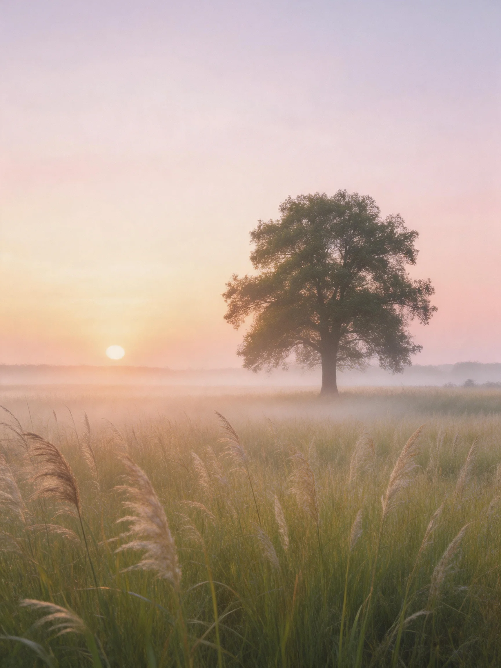A lone tree stands in a misty meadow at dawn